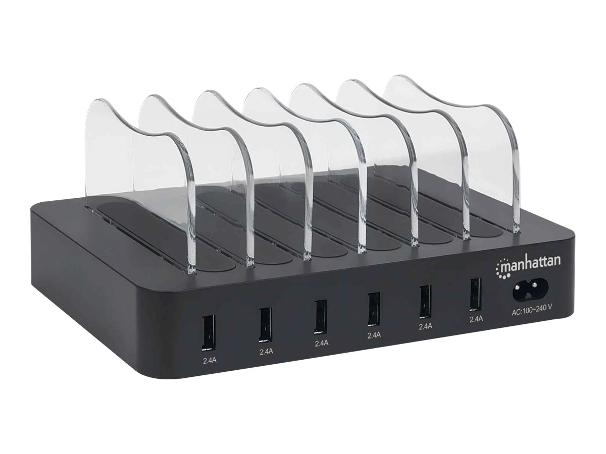 Manhattan Charging Station, 6x USB-A Ports, Outputs 6x 2.4A, Smart IC, LED Indicator Lights, Black, Three Year Warranty, Box - Ladestation - 50 Watt - 2.4 A - 6 Ausgabeanschlussstellen (USB)