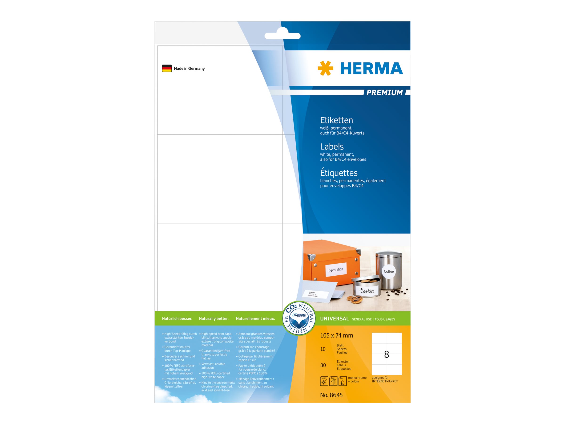 HERMA Premium - Papier - matt - permanent selbstklebend - weiß - 105 x 74 mm 80 Etikett(en) (10 Bogen x 8)