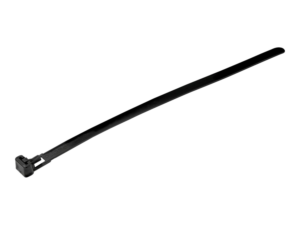 StarTech.com 20cm(8") Reusable Cable Ties, 7mm(14") wide, 50mm(1-78") Bundle Dia. 22kg(50lb) Tensile Strength, Releasable Nylon Ties, IndoorOutdoor, 94V-2UL Listed, 100 Pack, Black - Nylon 66 Plastic - TAA (CBMZTRB8BK)