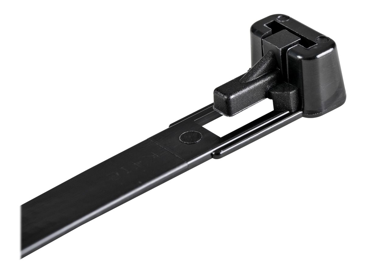StarTech.com 20cm(8") Reusable Cable Ties, 7mm(14") wide, 50mm(1-78") Bundle Dia. 22kg(50lb) Tensile Strength, Releasable Nylon Ties, IndoorOutdoor, 94V-2UL Listed, 100 Pack, Black - Nylon 66 Plastic - TAA (CBMZTRB8BK)