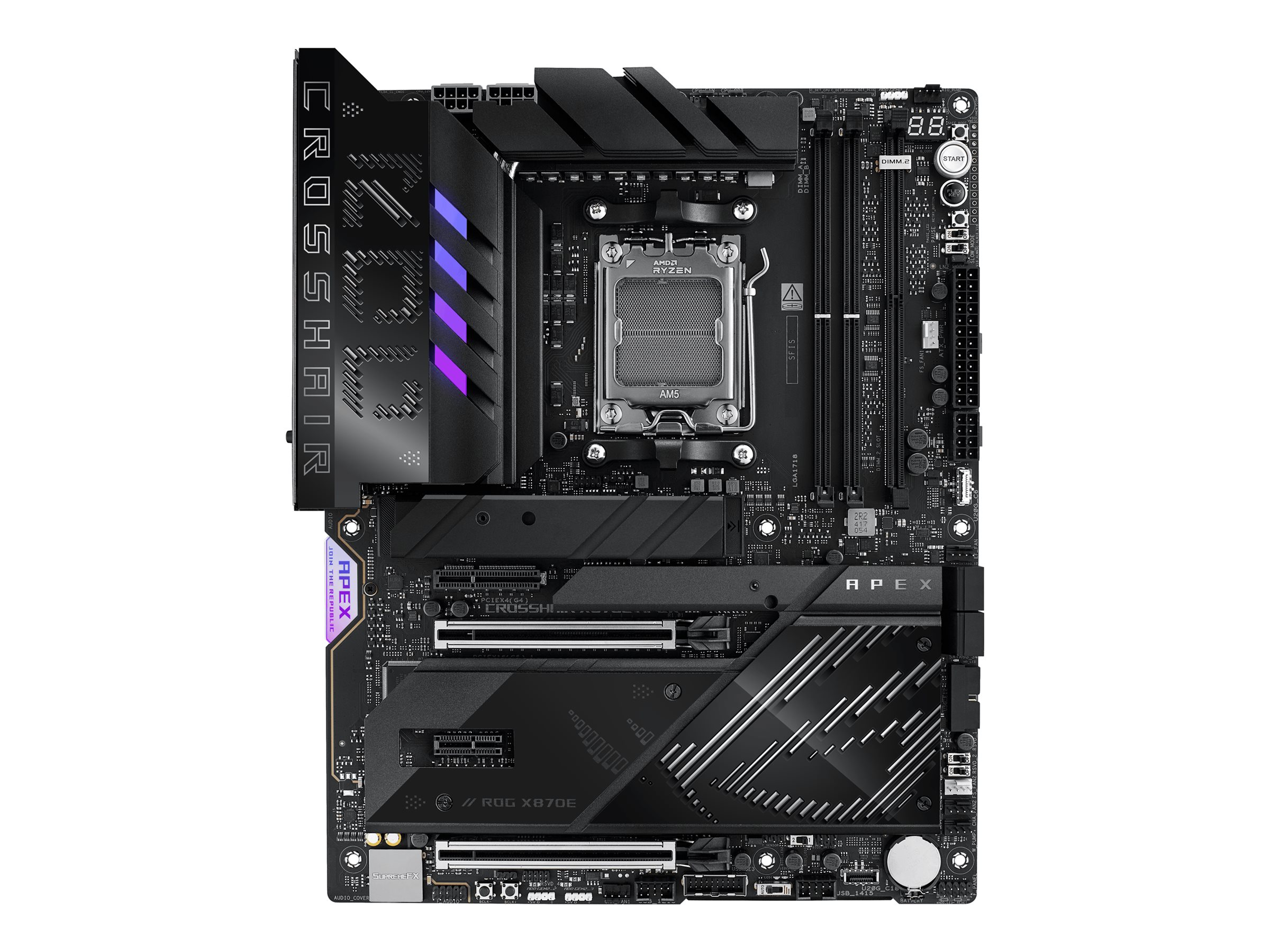 ASUS ROG CROSSHAIR X870E APEX - Motherboard - ATX - Socket AM5 - AMD X870E Chipsatz - USB4, USB-C 3.2 Gen2, USB 3.2 Gen 2, USB 3.2 Gen 1, USB-C 3.2 Gen 2x2 - Wi-Fi 7, Bluetooth, 5 Gigabit Ethernet - Onboard-Grafik (CPU erforderlich)