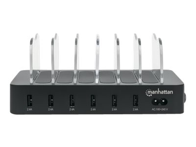 Manhattan Charging Station, 6x USB-A Ports, Outputs 6x 2.4A, Smart IC, LED Indicator Lights, Black, Three Year Warranty, Box - Ladestation - 50 Watt - 2.4 A - 6 Ausgabeanschlussstellen (USB)