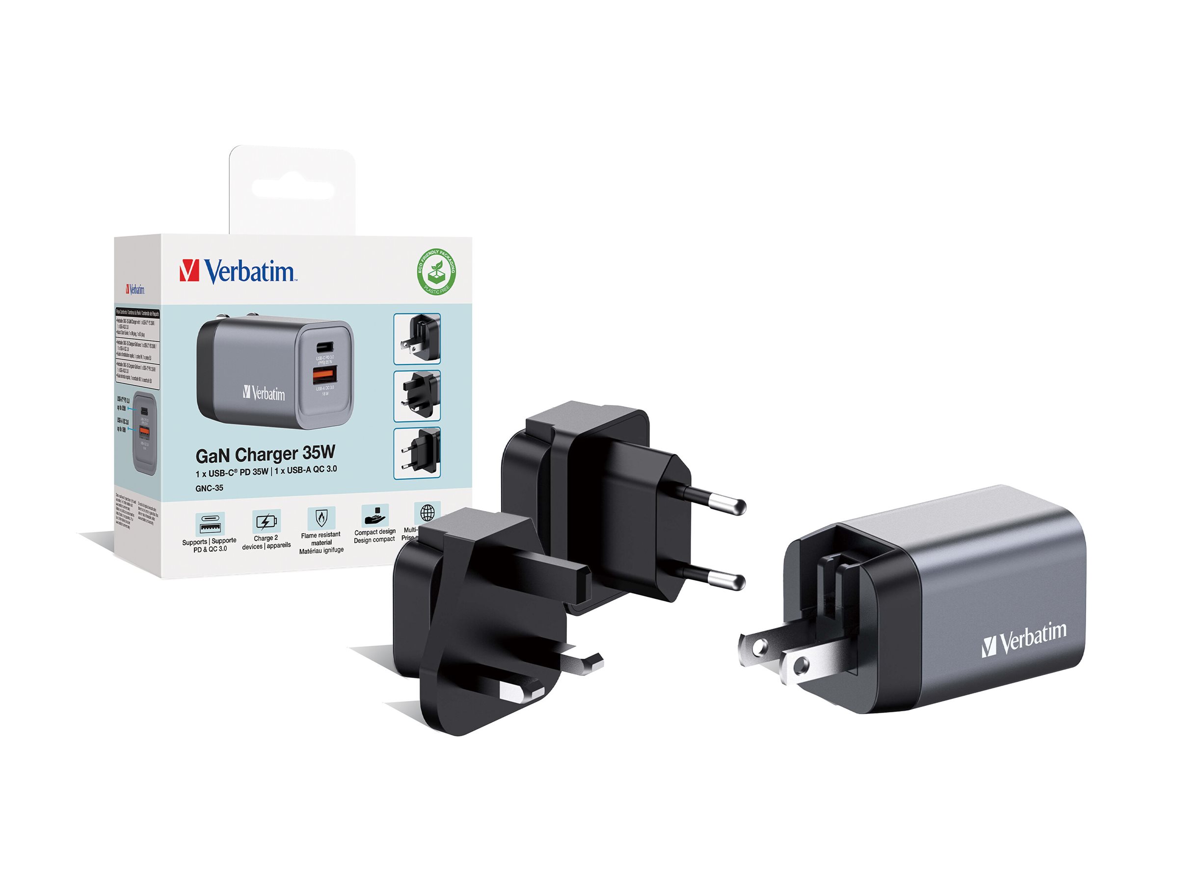 Verbatim Netzteil - GaN - 35 Watt - 3 A - PD 3.0, QC 3.0 - 2 Ausgabeanschlussstellen (24 pin USB-C, USB)