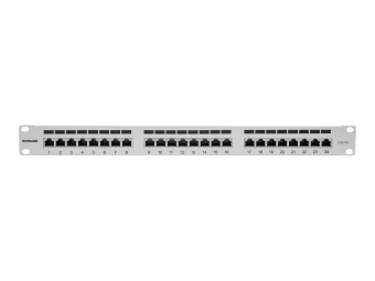 Intellinet 24-Port Cat6a Patchpanel geschirmt 24 Ports FTP 1 HE Klemmleisten mit 90 Grad abgewinkelten Kabeleinführungen grau - Patch Panel - CAT 6a - FTP - RJ-45 X 24 - Grau - 1U - 48.3 cm (19)