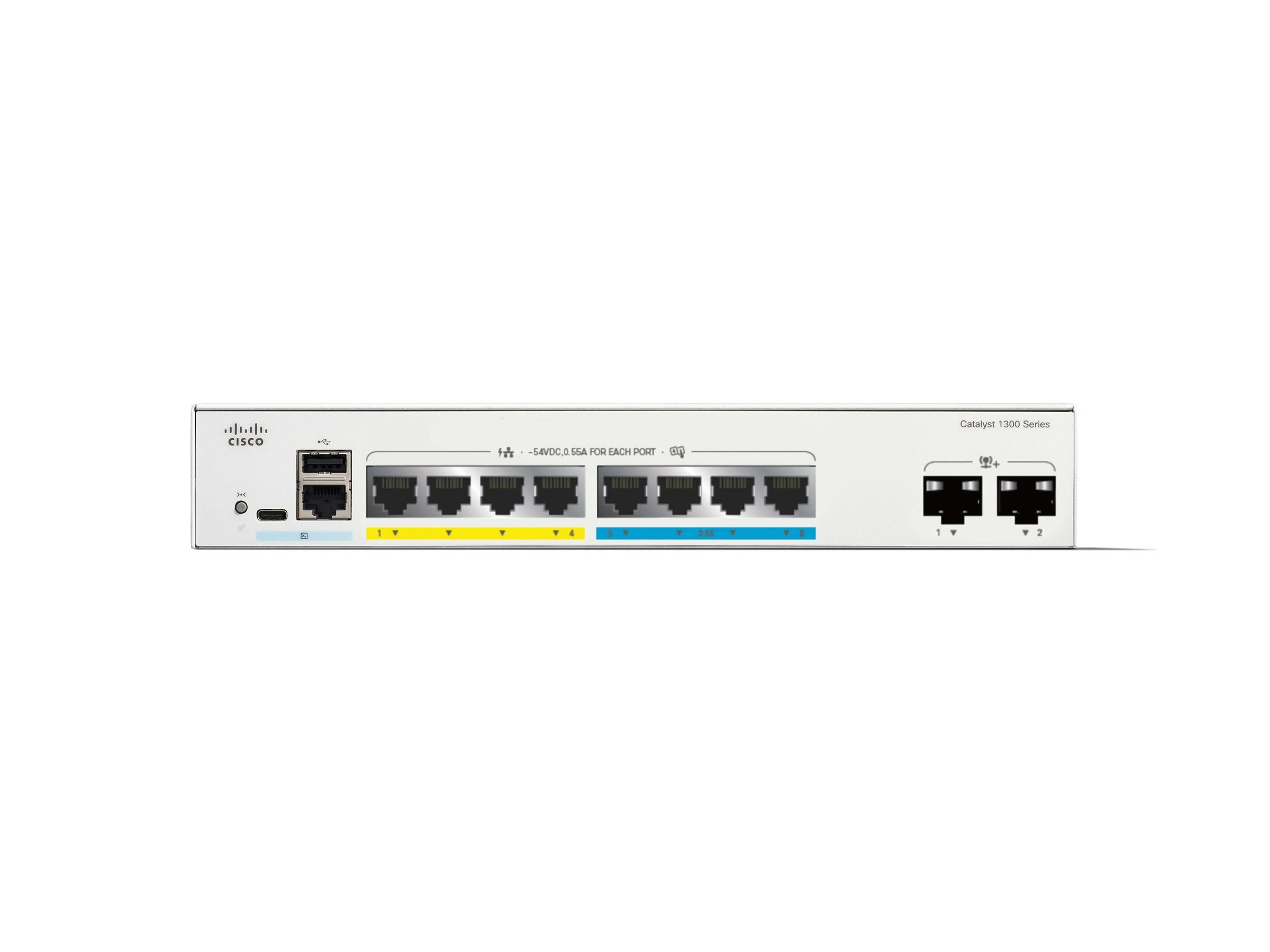 Cisco Catalyst 1300-8MGP-2X - Switch - L3 - managed - 4 x Gigabit Ethernet + 4 x 10010002.5G + 2 x 10 Gigabit SFP+ - an Rack montierbar - PoE+ (120 W)