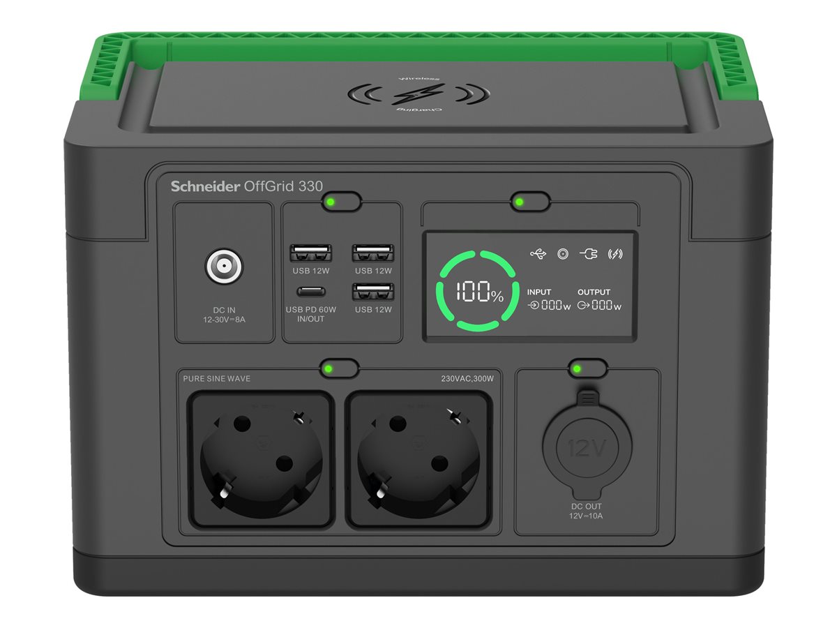 APC Schneider OffGrid 330 - Tragbares kraftwerk - LCD, Lithium-Ionen, 2 CEE 73 Schuko-Steckdosen, Sinuswelle, 3 USB-A, 1 USB-C, kabelloses Laden