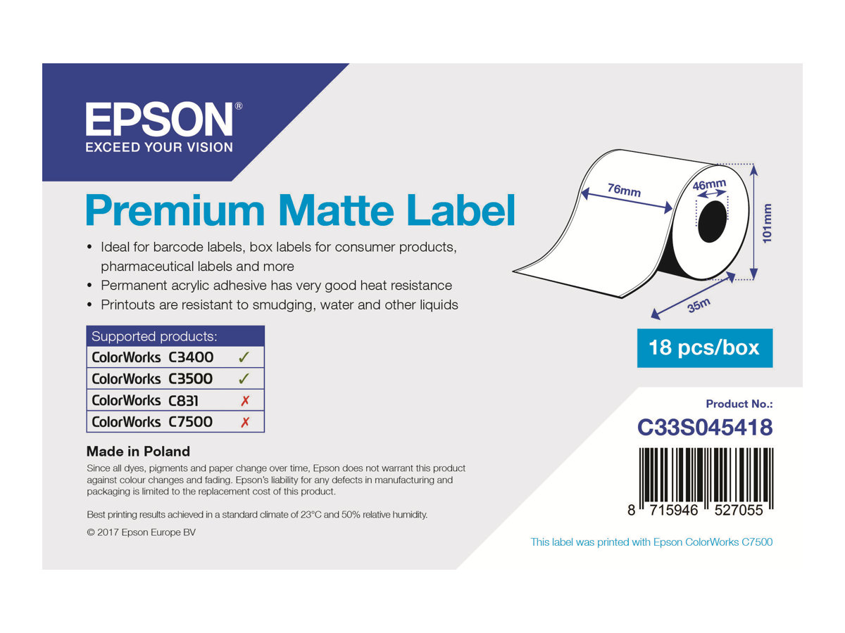 Epson Premium - Matt - Rolle (7,6 cm x 35 m) 1 Rolle(n) Etiketten-Endlospapier - für Epson TM-C3400-LT ColorWorks CW-C4000E (BK)