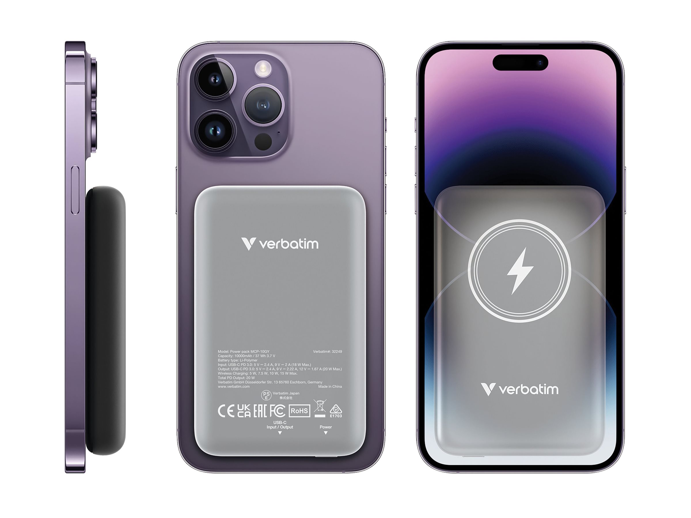 Verbatim Charge n Go - Induktive Power Bank - Magnethalterung - Li-Pol - 10000 mAh - 20 Watt - 2.4 A - Apple Fast Charge, PD 3.0, QC 3.0, Apple 2.4A, USB BC 1.2 (24 pin USB-C)