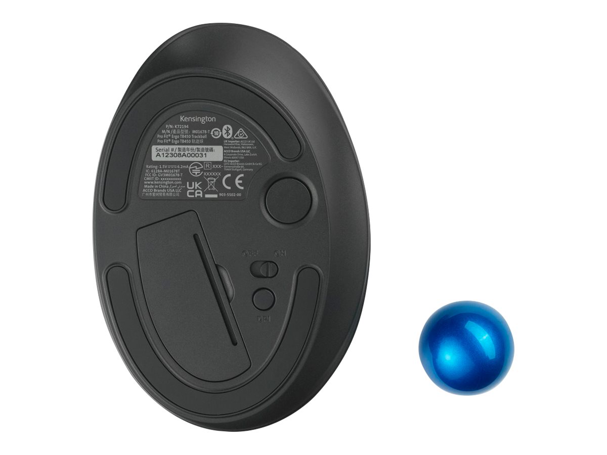 Kensington Pro Fit Ergo TB450 EQ - Trackball - ergonomisch - optisch - 7 Tasten - kabellos - 2.4 GHz, Bluetooth - kabelloser Empfänger (USB)