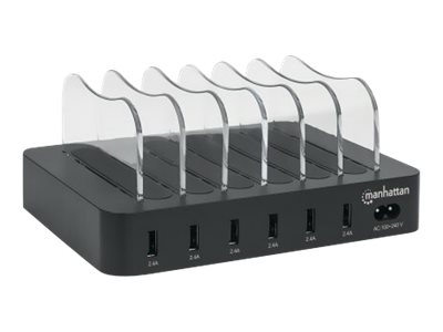 Manhattan Charging Station, 6x USB-A Ports, Outputs 6x 2.4A, Smart IC, LED Indicator Lights, Black, Three Year Warranty, Box - Ladestation - 50 Watt - 2.4 A - 6 Ausgabeanschlussstellen (USB)