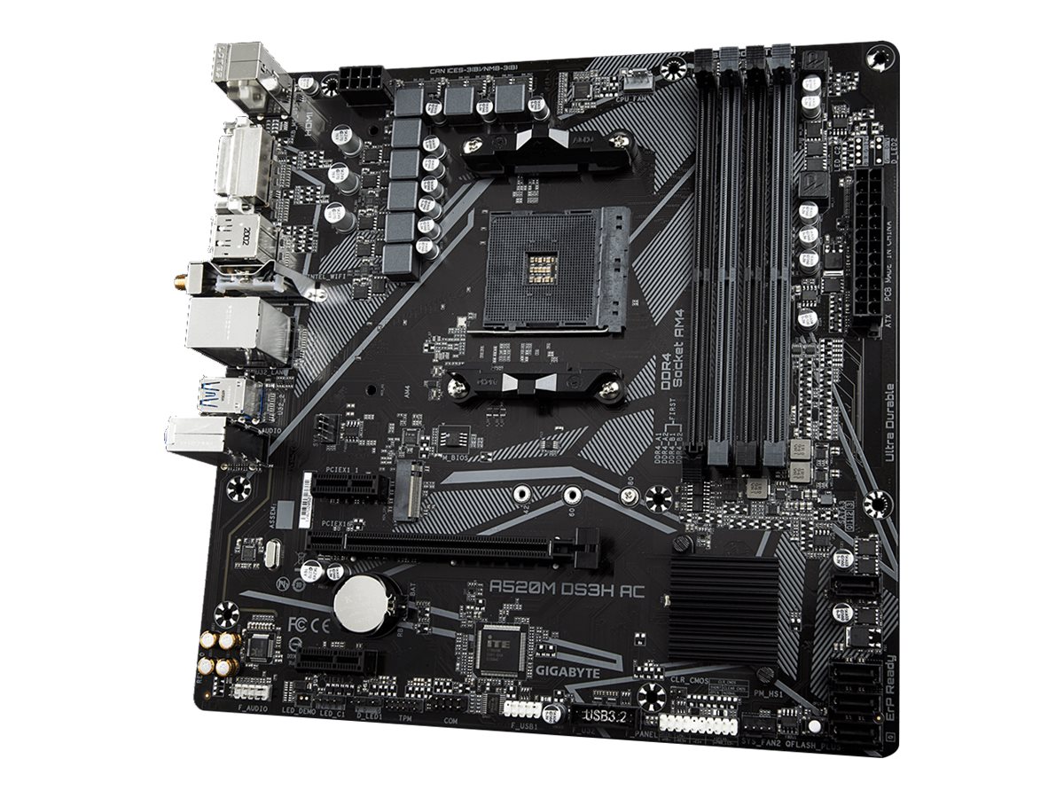 Gigabyte A520M DS3H AC - 1.X - Motherboard - micro ATX - Socket AM4 - AMD A520 Chipsatz - USB 3.2 Gen 1 - Gigabit LAN, Wi-Fi, Bluetooth - Onboard-Grafik (CPU erforderlich)