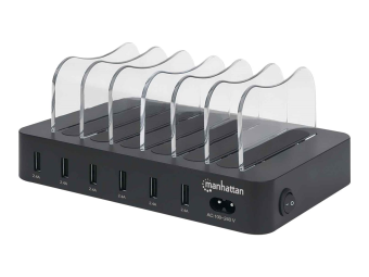 Manhattan Charging Station, 6x USB-A Ports, Outputs 6x 2.4A, Smart IC, LED Indicator Lights, Black, Three Year Warranty, Box - Ladestation - 50 Watt - 2.4 A - 6 Ausgabeanschlussstellen (USB)