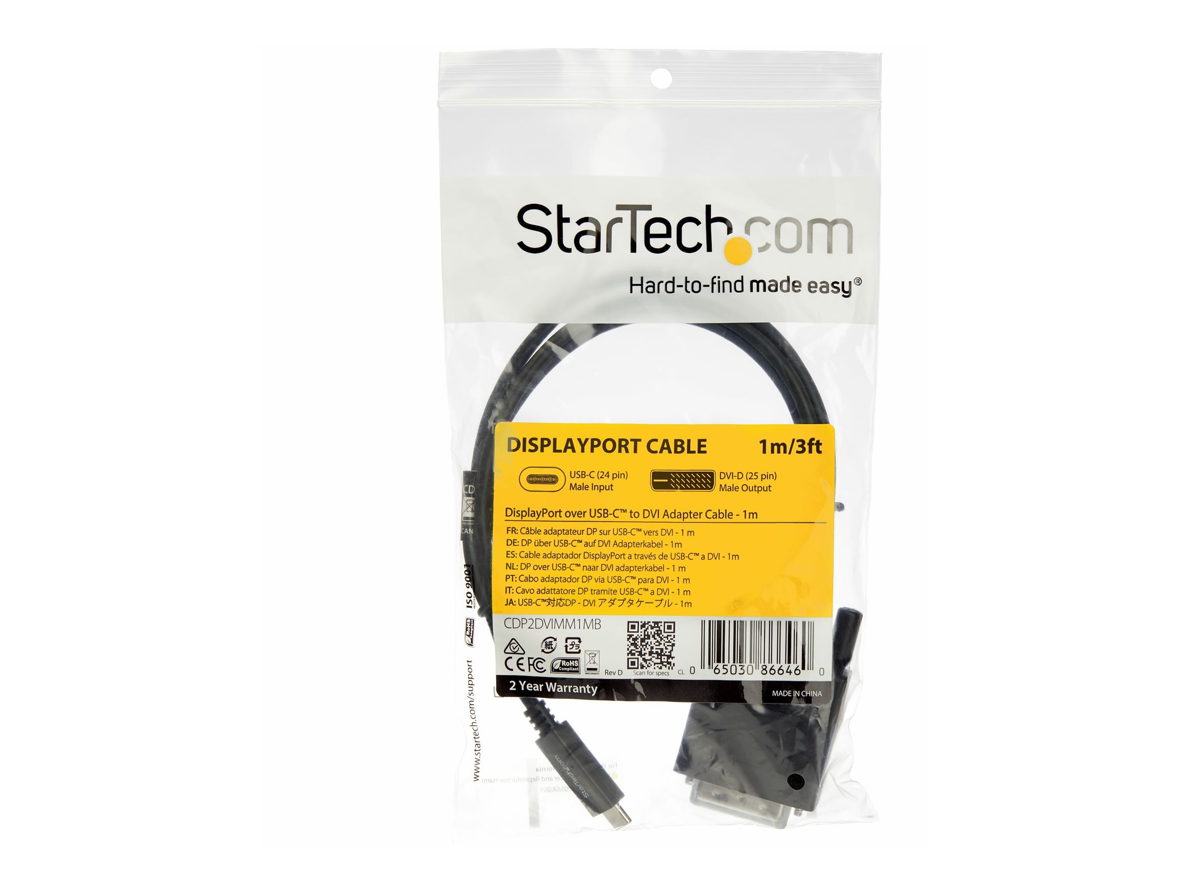 StarTech.com StarTech 3.3 ft  1 m USB-C to DVI Cable - USB Type-C Video Adapter Cable - 1920 x 1200 - Black (CDP2DVIMM1MB)