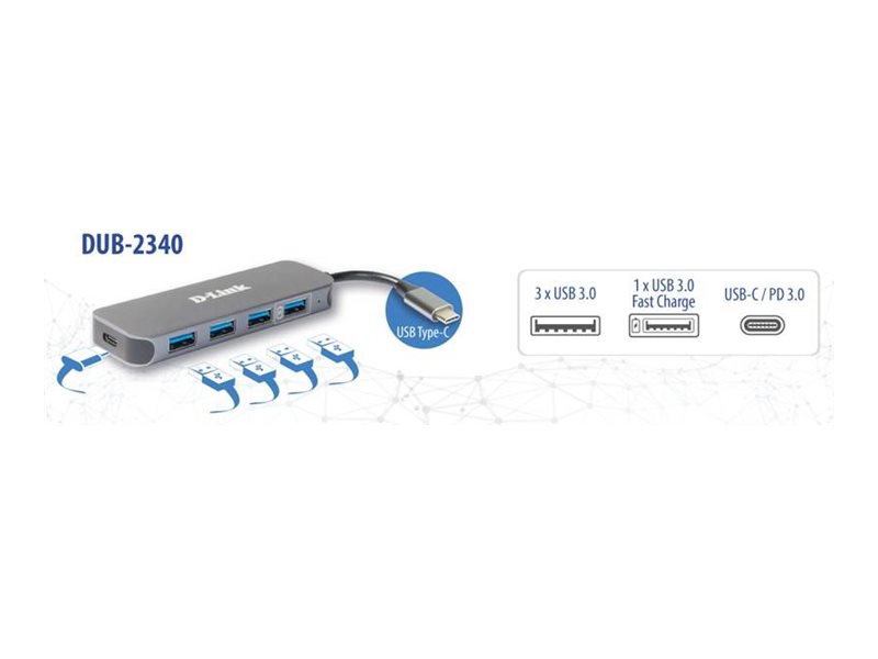 D-Link DUB-2340 - Hub - 4 x SuperSpeed USB 3.0 + 1 x USB-C (Spannungsversorgung)