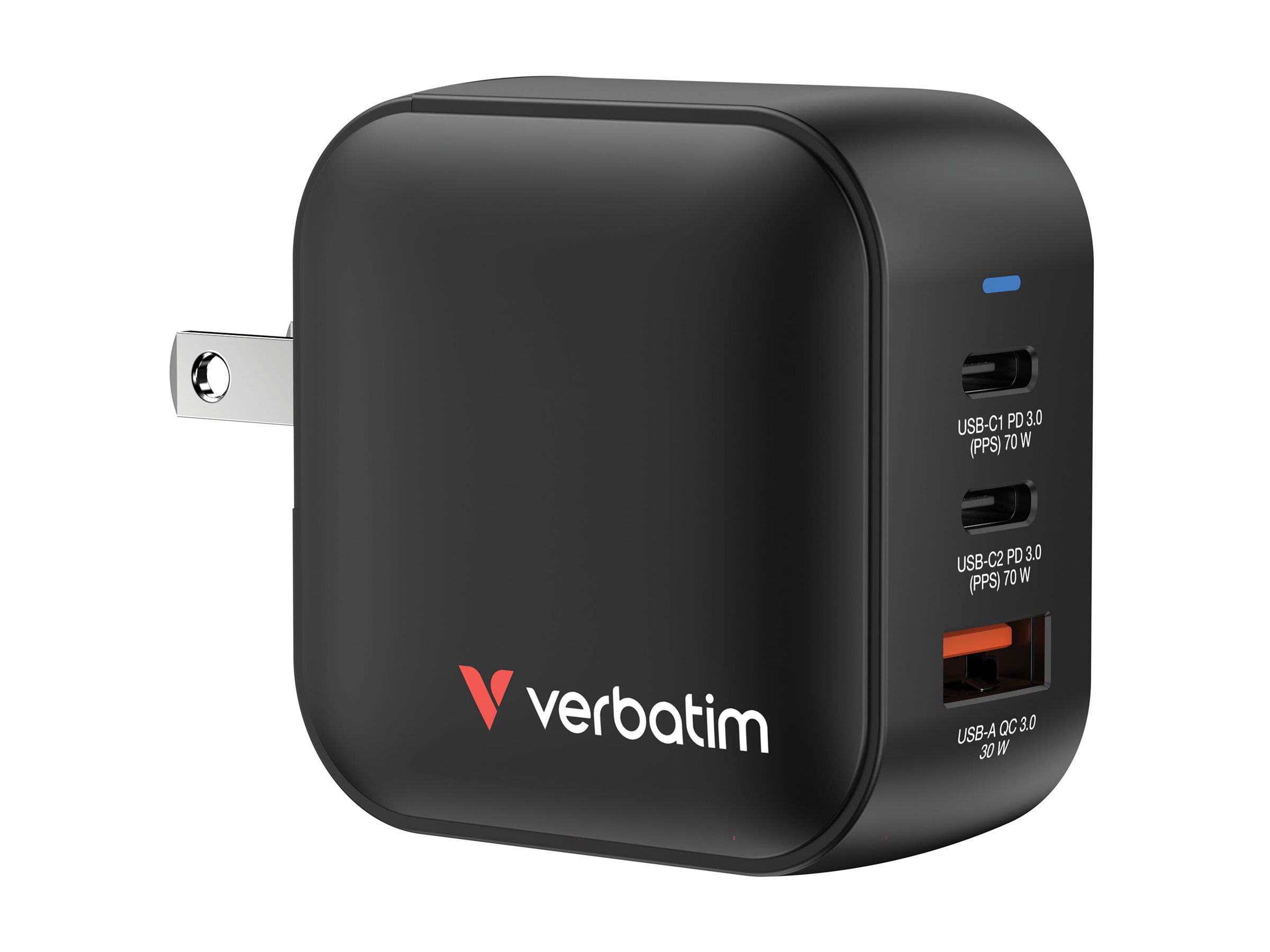 Verbatim Netzteil - GaN - 70 Watt - 5 A - PD 3.0, PDPPS, QC 4.0 - 3 Ausgabeanschlussstellen (2 x USB-C, USB)