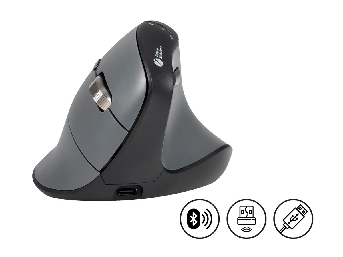 Bakker FastForward - Vertikale Maus - high-speed scroll, tilt wheel, silent click - ergonomisch - Für Rechtshänder - optisch - 8 Tasten - kabellos, kabelgebunden - 2.4 GHz, USB-C, Bluetooth 5.1 - kabelloser Empfänger (USB)