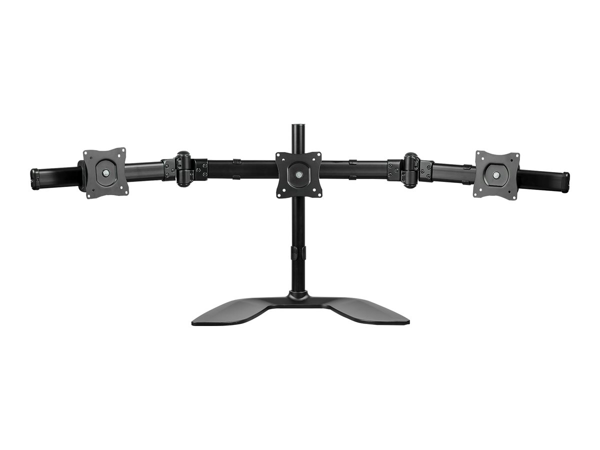 StarTech.com Dreifach Monitorhalterung - Schwenkbar - Stahl und Aluminium - für VESA Monitore bis zu 27 Zoll - 3fach Monitorarm - Aufstellung (Abschlusskappen, Stange, Bodenplatte, Querstange, Unterlegscheiben, Schrauben, Manschette, 2 Monitorarme, VESA-