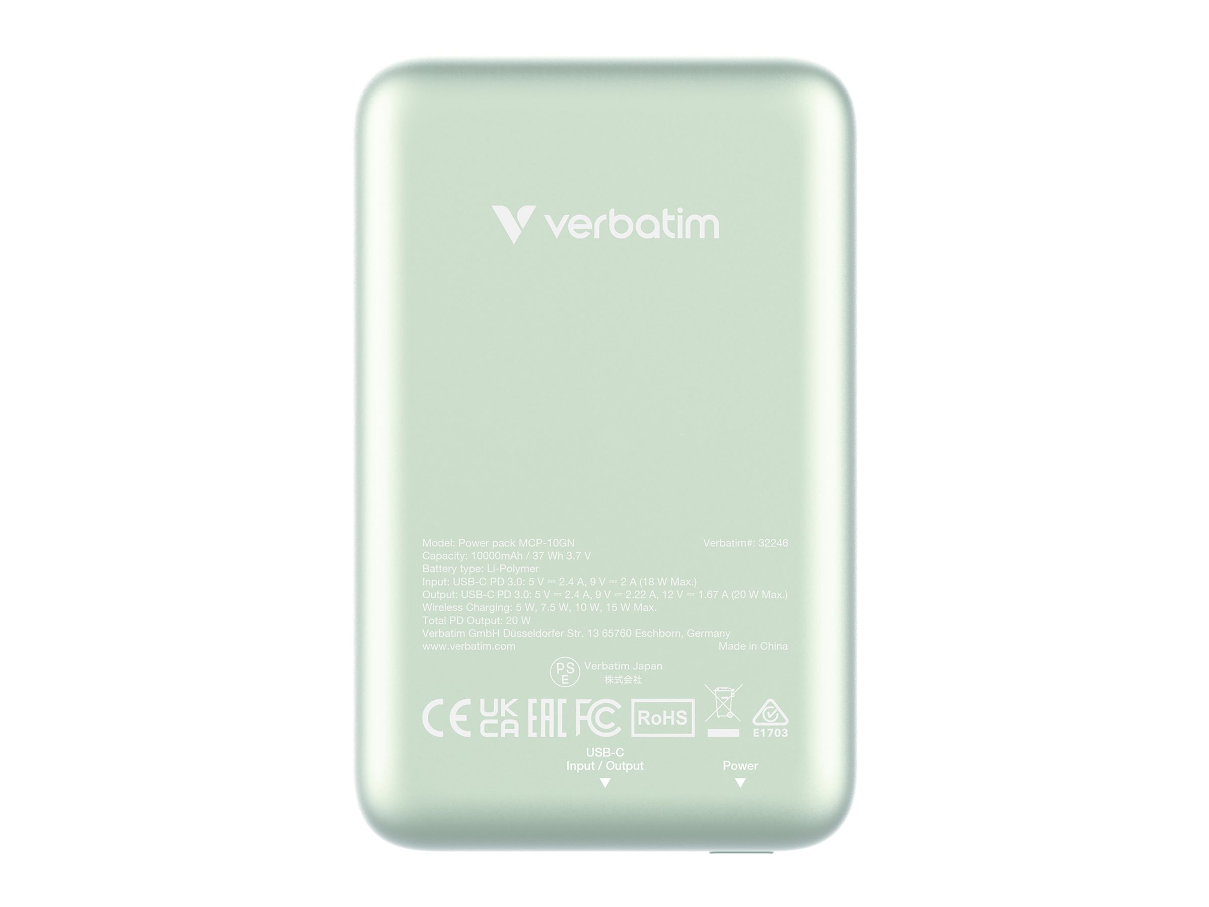 Verbatim Charge n Go - Induktive Power Bank - Magnethalterung - Li-Pol - 10000 mAh - 20 Watt - 2.4 A - Apple Fast Charge, PD 3.0, QC 3.0, Apple 2.4A, USB BC 1.2 (24 pin USB-C)