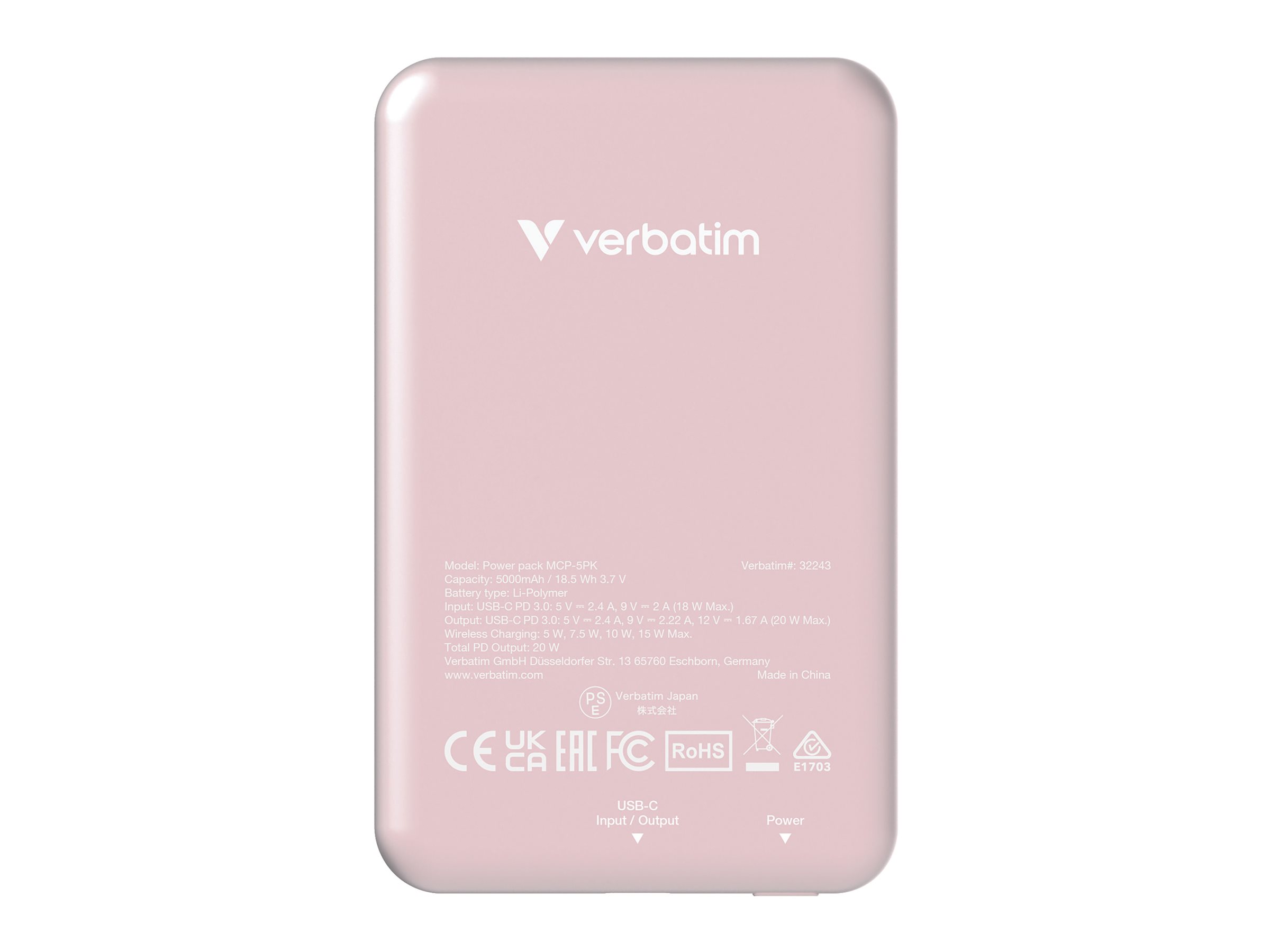 Verbatim Charge n Go - Induktive Power Bank - Magnethalterung - Li-Pol - 5000 mAh - 20 Watt - 2.4 A - Apple Fast Charge, PD 3.0, QC 3.0, Apple 2.4A, USB BC 1.2 (24 pin USB-C)