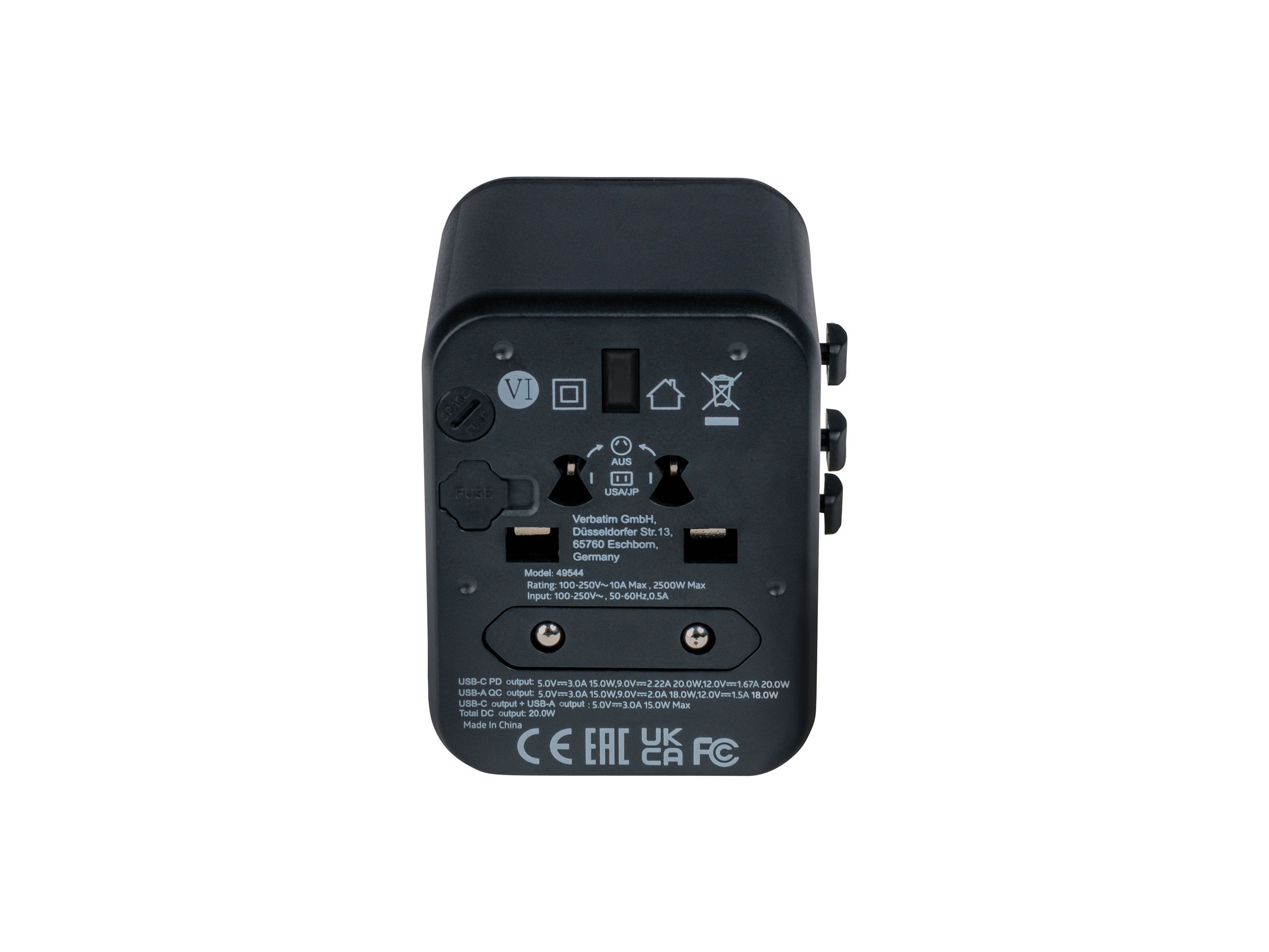 Verbatim UTA-02 - Netzteil - 20 Watt - 3 A - QC 3.0 - 3 Ausgabeanschlussstellen (USB, BS 1362, 24 pin USB-C)