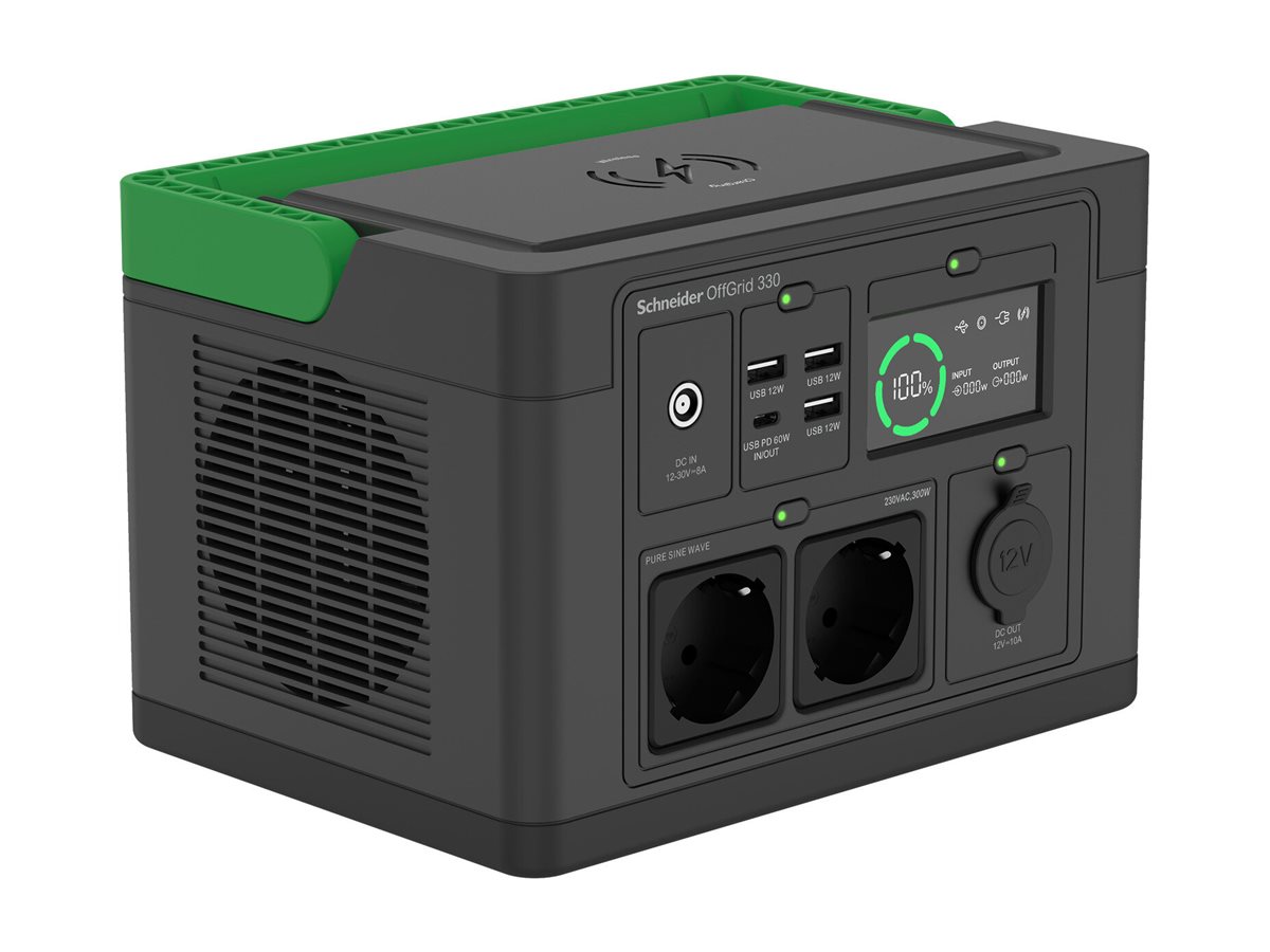 APC Schneider OffGrid 330 - Tragbares kraftwerk - LCD, Lithium-Ionen, 2 CEE 73 Schuko-Steckdosen, Sinuswelle, 3 USB-A, 1 USB-C, kabelloses Laden