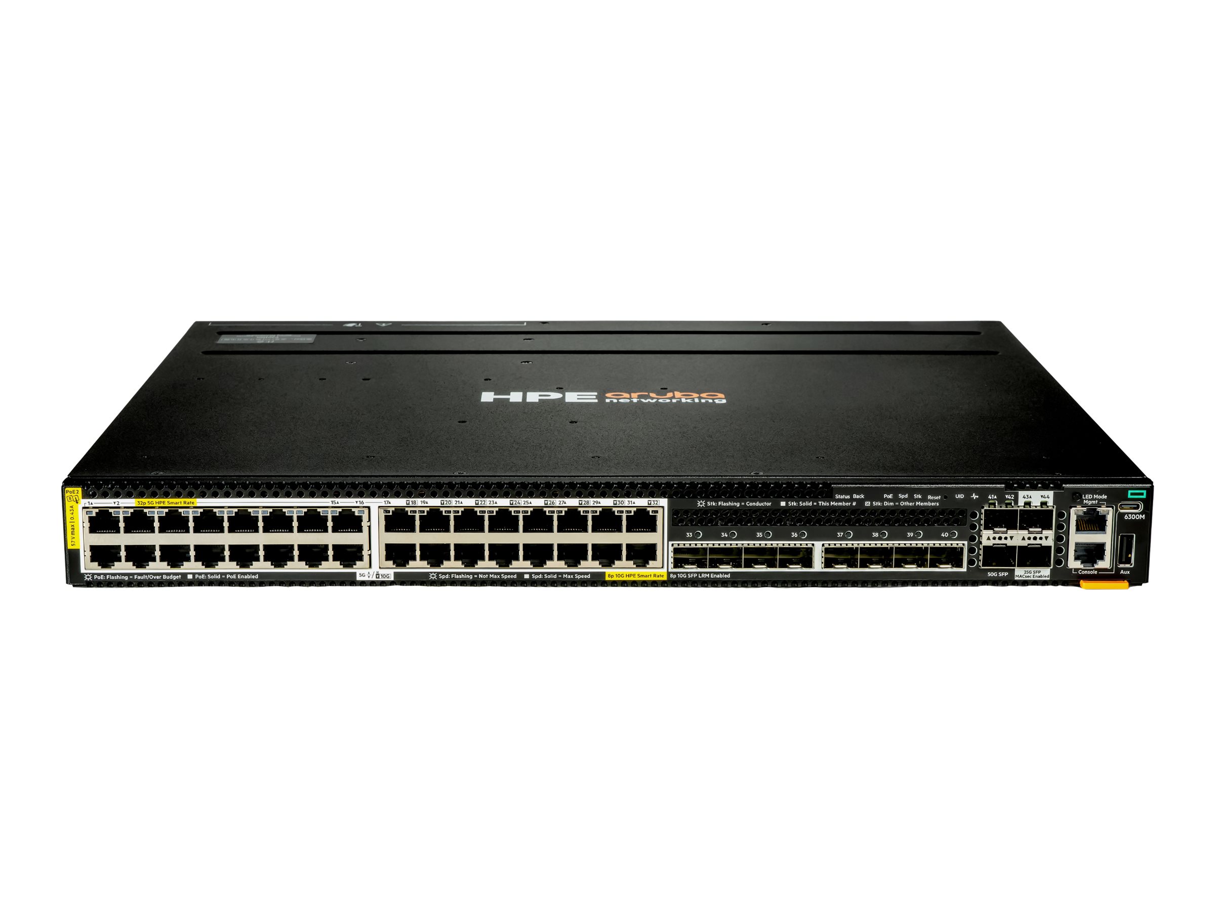 HPE Aruba Networking CX 6300M 32p Smart Rate 5G CL8 8p SFP+ 10G LRM 2p SFP56 50G 2p SFP28 25G MACsec Switch - Switch - L3 - managed - 32 x 12.55GBase-T (PoE++)