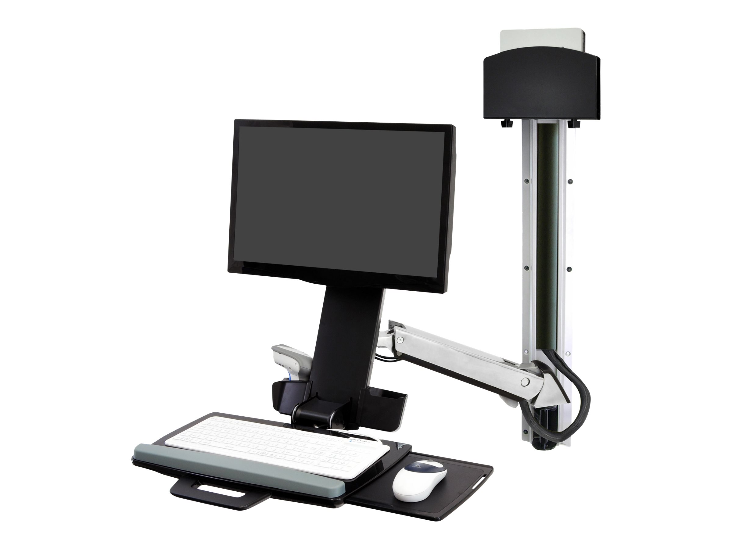 "Ergotron Sit-Stand Combo System Mit CPU-Halter klein - Befestigungskit (CPU-Halter, 2 Schienenabdeckungen, 2 Kabelkanäle, Handgelenkkissen, einstellbarer Monitorarm, VESA-Halterung, Wandschiene 34", Montagesystem mit CPU-Halterung und Armen, Tastaturabl
