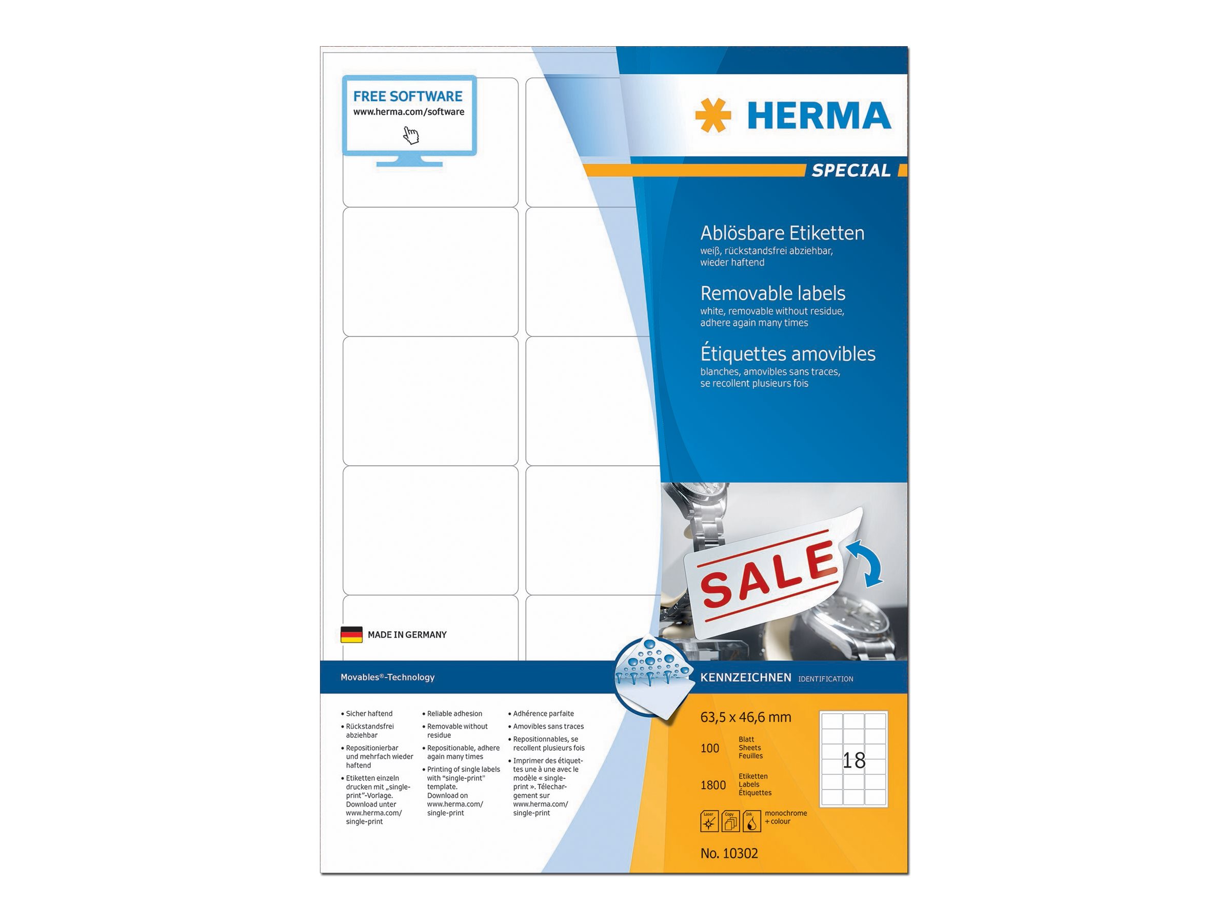 HERMA Special - Papier - matt - selbstklebend, entfernbarer Klebstoff - weiß - 63.5 x 46.6 mm 1800 Etikett(en) (100 Bogen x 18)