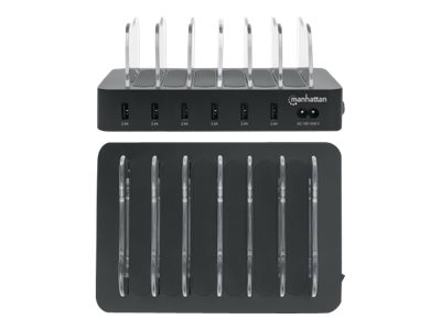 Manhattan Charging Station, 6x USB-A Ports, Outputs 6x 2.4A, Smart IC, LED Indicator Lights, Black, Three Year Warranty, Box - Ladestation - 50 Watt - 2.4 A - 6 Ausgabeanschlussstellen (USB)