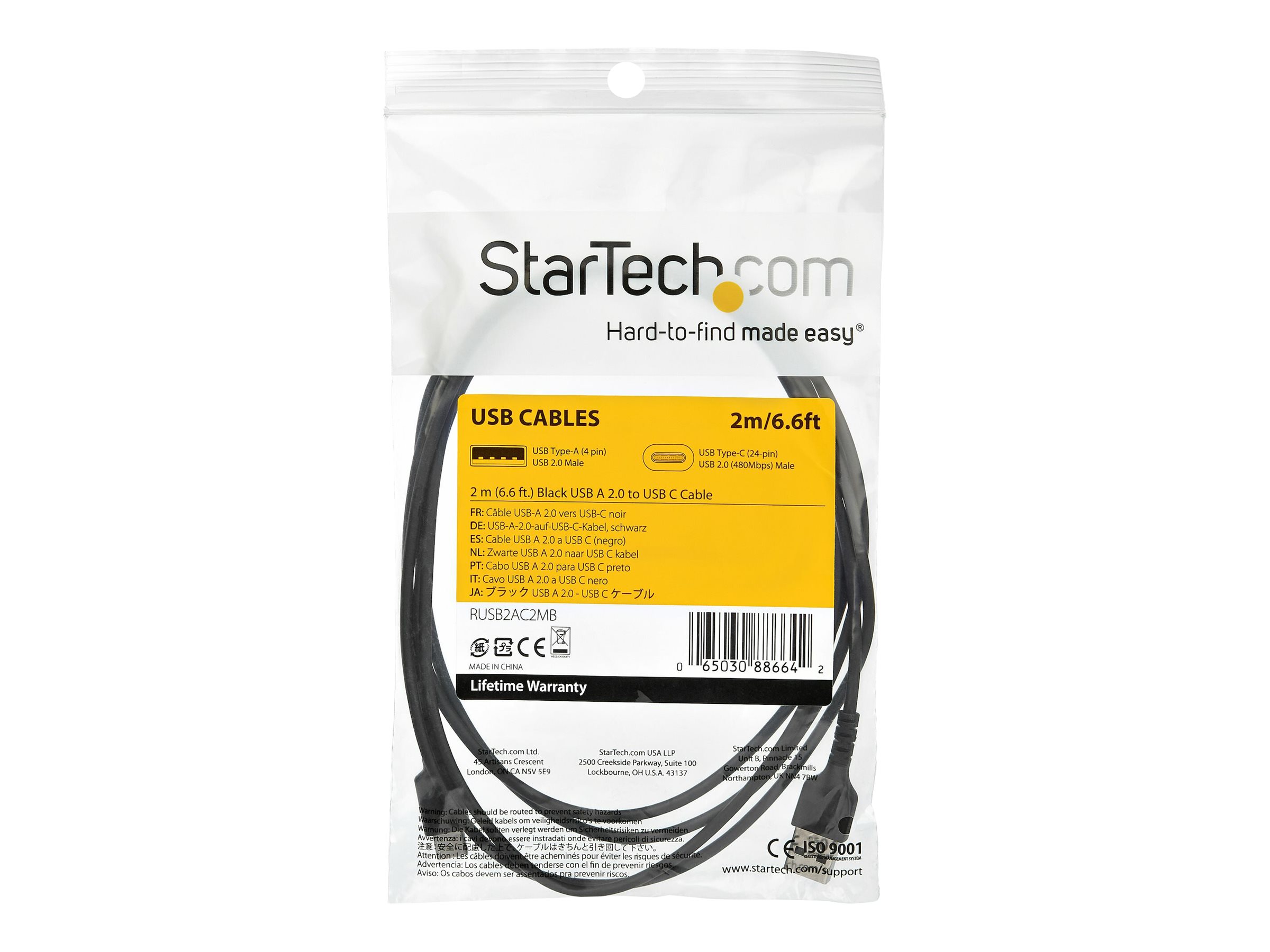 StarTech.com StarTech 2m USB-A auf USB-C Ladekabel - Dauerhaftes USB 2.0 auf USB Typ-C Datenübertragungs- und Schnellladekabel - Robuster TPE-Mantel Aramidfaser, MM, 3A - Schwarz (RUSB2AC2MB)