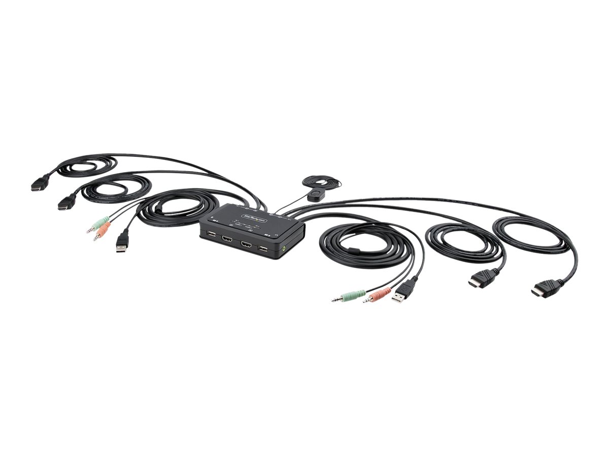 StarTech.com 2-Port Dual-Monitor HDMI Cable KVM Switch 4K 60Hz Compact KVM with 5ft1.5m USB-AHDMIAudio Integrated Cables Bus Powered - Remote Push ButtonHotkey Switching (C2-DH46-UA2-CBL-KVM)
