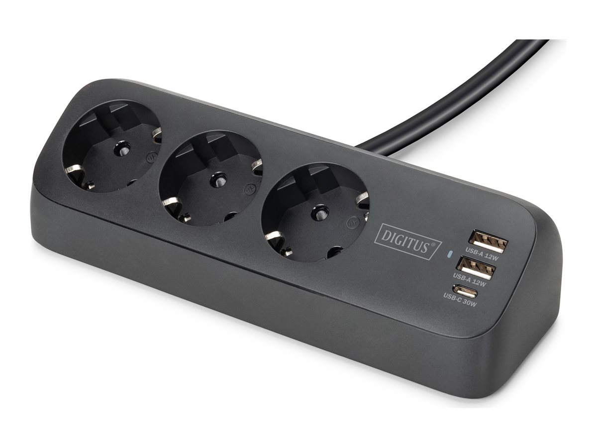 DIGITUS 3-fach Office-Steckdosenleiste mit 2x USB-A und 1x USB-C Anschlüssen, Schwarz