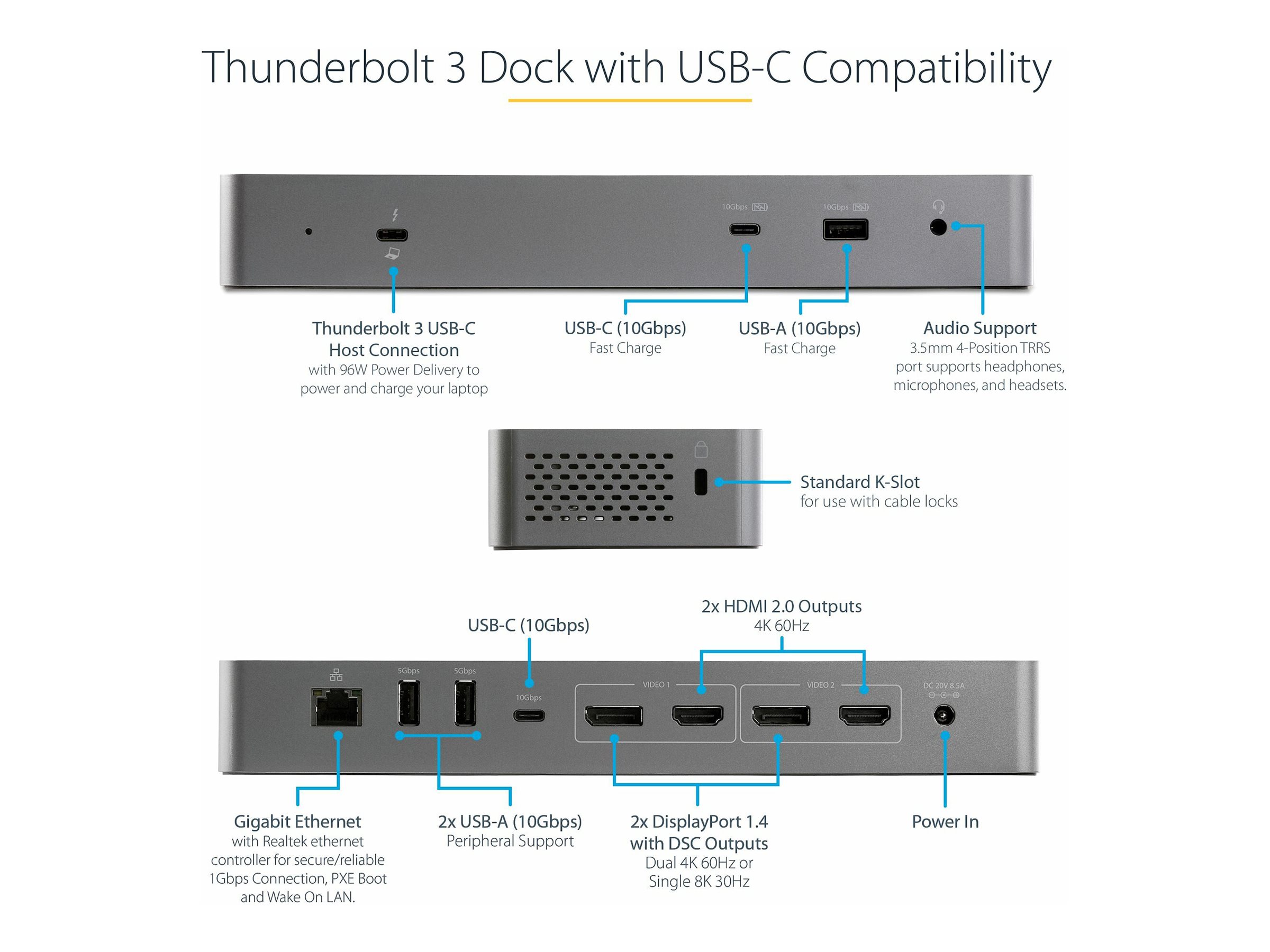 StarTech.com Thunderbolt 3 Dock mit USB-C Host-Kompatibilität - Dual 4K 60Hz DisplayPort 1.4 oder Dual HDMI Monitore - Single 8K - TB3USB-C Laptop Docking Station - 96W PD, 5xUSB - 10 Gbits (TB3CDK2DHUE)