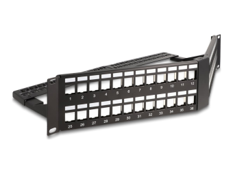 Delock Patch Panel - abgewinkelt, mit Zugentlastung - Schrankmontage - Schwarz, RAL 9005 - 2U - 48.3 cm (19")
