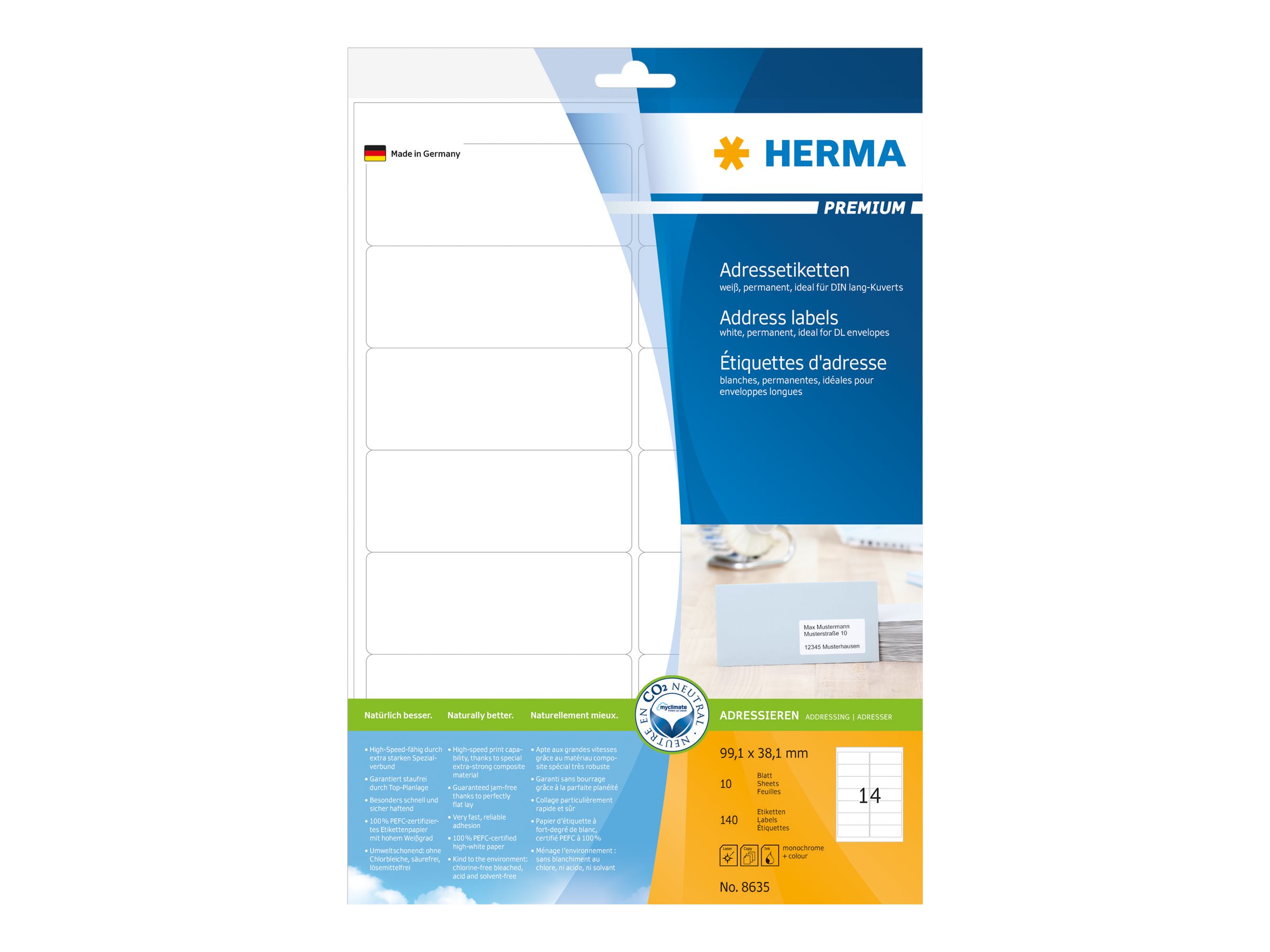 HERMA Premium - Papier - matt - permanent selbstklebend - weiß - 99.1 x 38.1 mm 140 Etikett(en) (10 Bogen x 14)