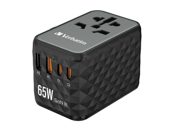 Verbatim UTA-05 - Netzteil - GaN III, universell - 65 Watt - 5 A - PD 3.0, QC 4.0+, QC 3.0, Fast Charge, Super Charge, Apple Fast Charge, PDPPS, USB BC 1.2 - 4 Ausgabeanschlussstellen (2 x USB-C, 2 x USB)
