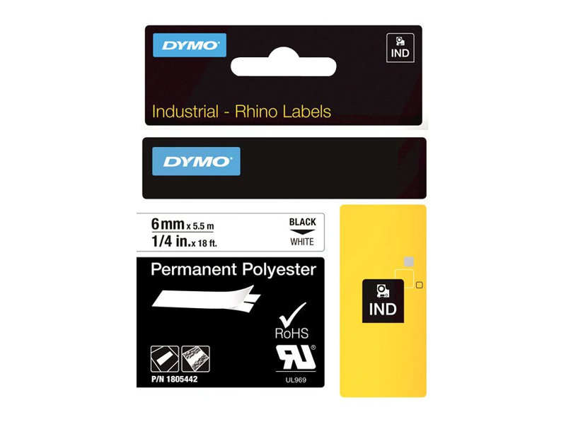 Dymo Rhino Permanent Polyester - Polyester - permanenter Klebstoff - Schwarz auf Weiß - Rolle (0,6 cm x 5,5 m)