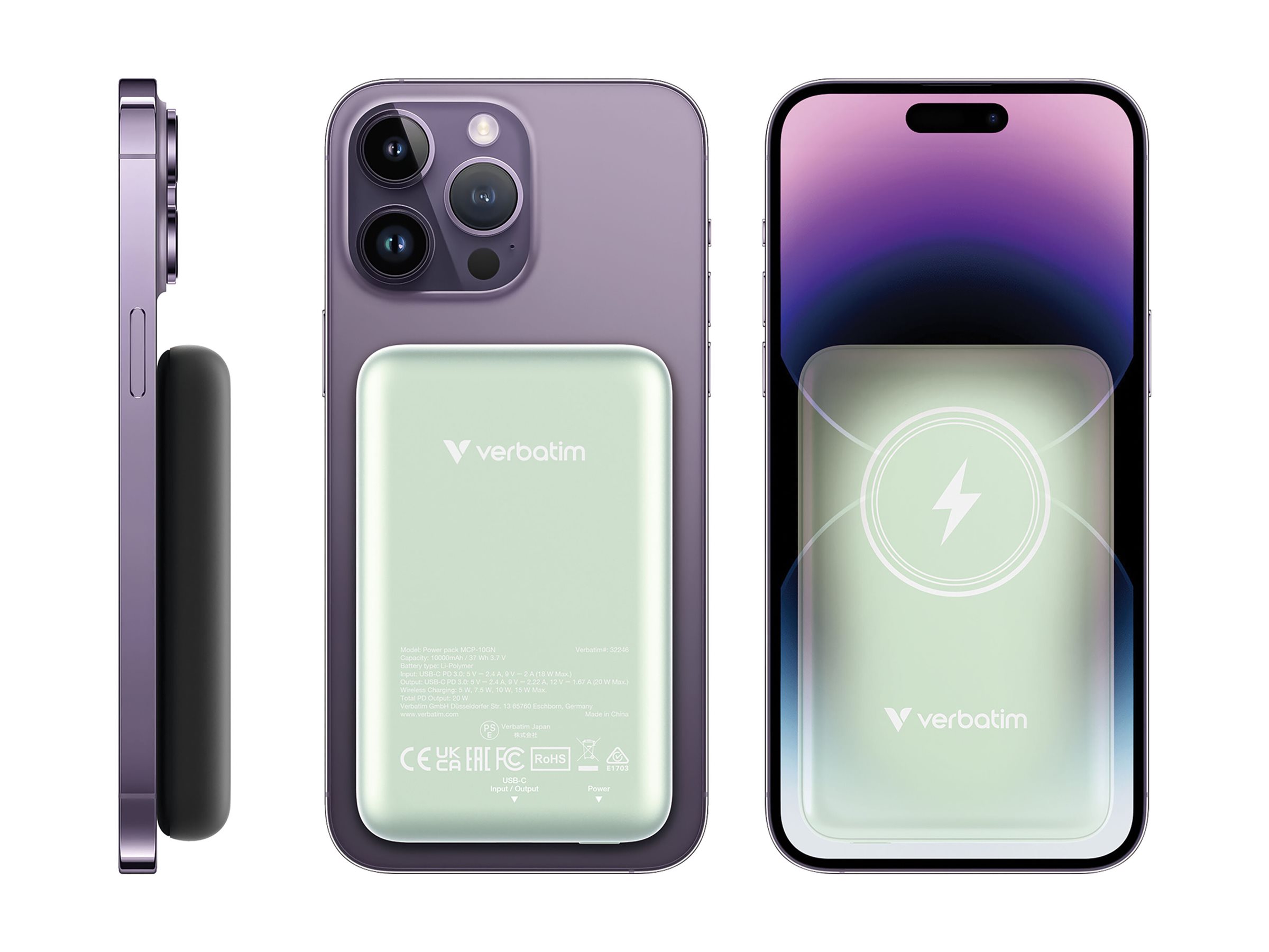 Verbatim Charge n Go - Induktive Power Bank - Magnethalterung - Li-Pol - 10000 mAh - 20 Watt - 2.4 A - Apple Fast Charge, PD 3.0, QC 3.0, Apple 2.4A, USB BC 1.2 (24 pin USB-C)