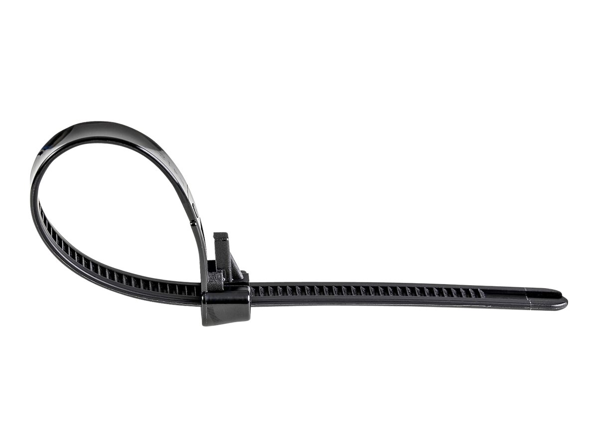 StarTech.com 20cm(8") Reusable Cable Ties, 7mm(14") wide, 50mm(1-78") Bundle Dia. 22kg(50lb) Tensile Strength, Releasable Nylon Ties, IndoorOutdoor, 94V-2UL Listed, 100 Pack, Black - Nylon 66 Plastic - TAA (CBMZTRB8BK)