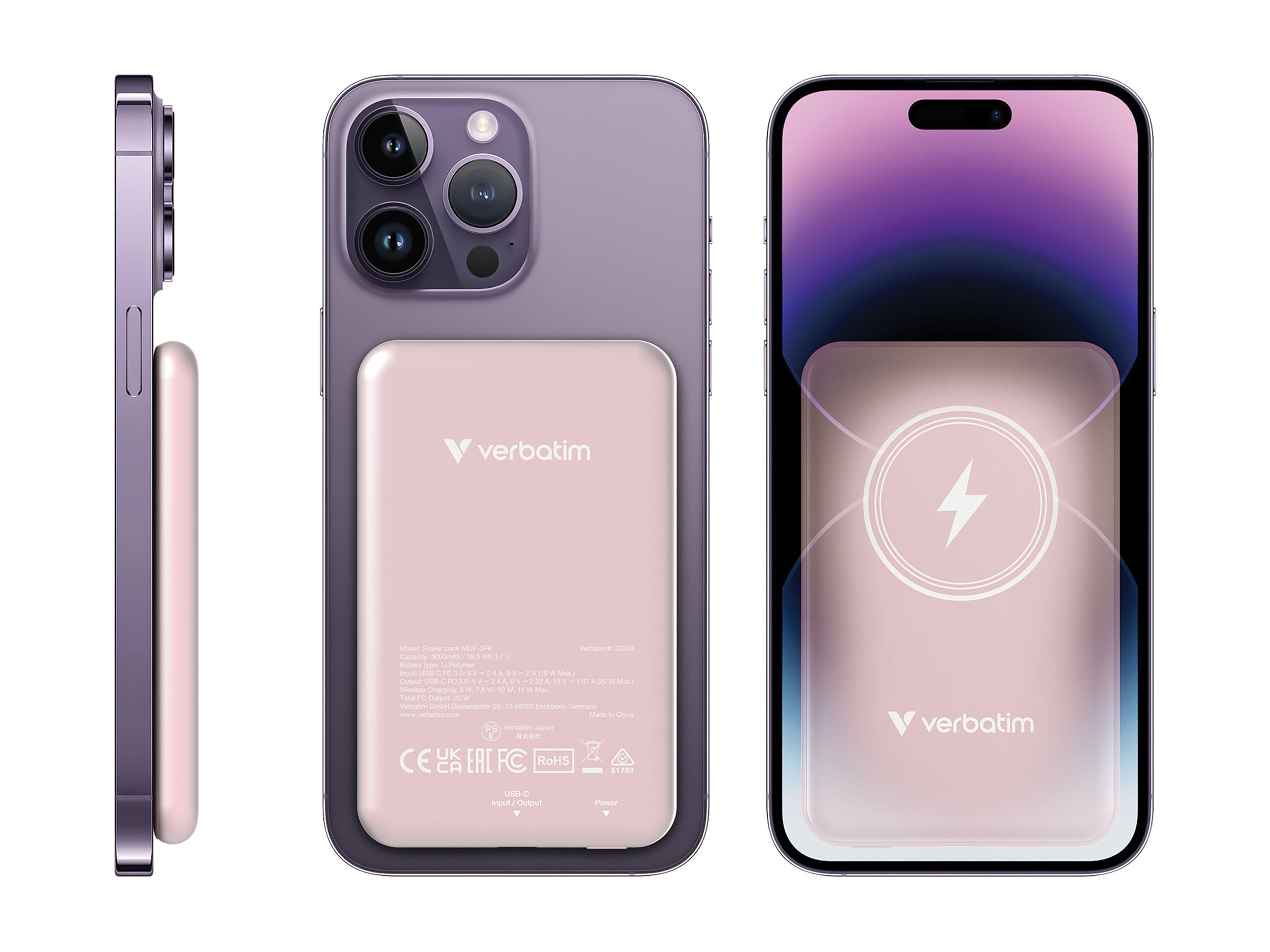 Verbatim Charge n Go - Induktive Power Bank - Magnethalterung - Li-Pol - 5000 mAh - 20 Watt - 2.4 A - Apple Fast Charge, PD 3.0, QC 3.0, Apple 2.4A, USB BC 1.2 (24 pin USB-C)
