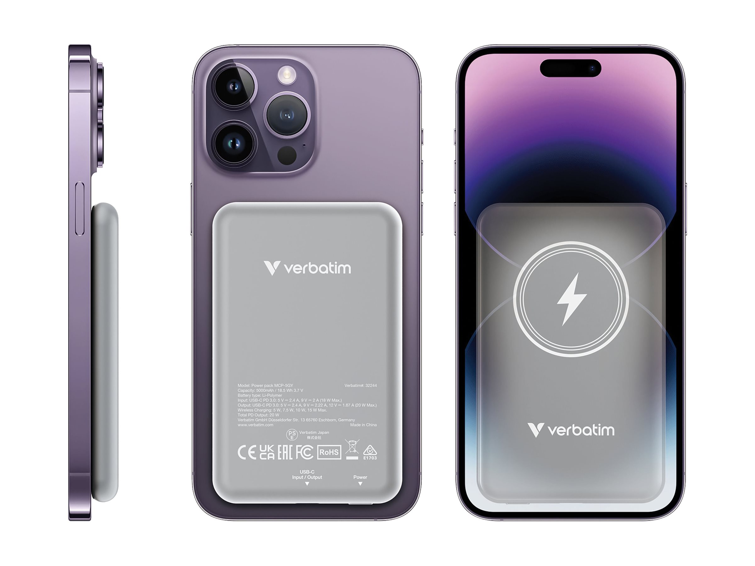 Verbatim Charge n Go - Induktive Power Bank - Magnethalterung - Li-Pol - 5000 mAh - 20 Watt - 2.4 A - Apple Fast Charge, PD 3.0, QC 3.0, Apple 2.4A, USB BC 1.2 (24 pin USB-C)