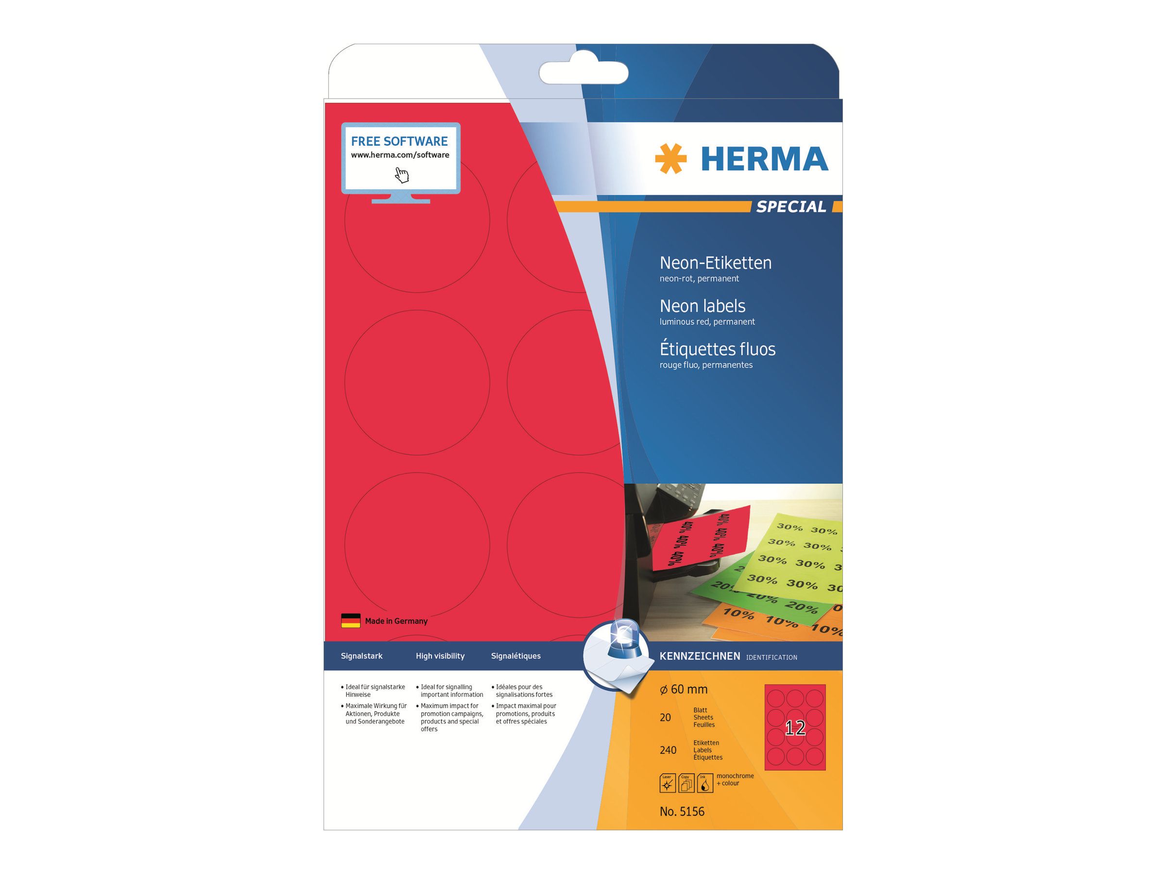 HERMA Special - Papier - matt - permanent selbstklebend - Luminous Red - 60 mm rund 240 Etikett(en) (20 Bogen x 12)