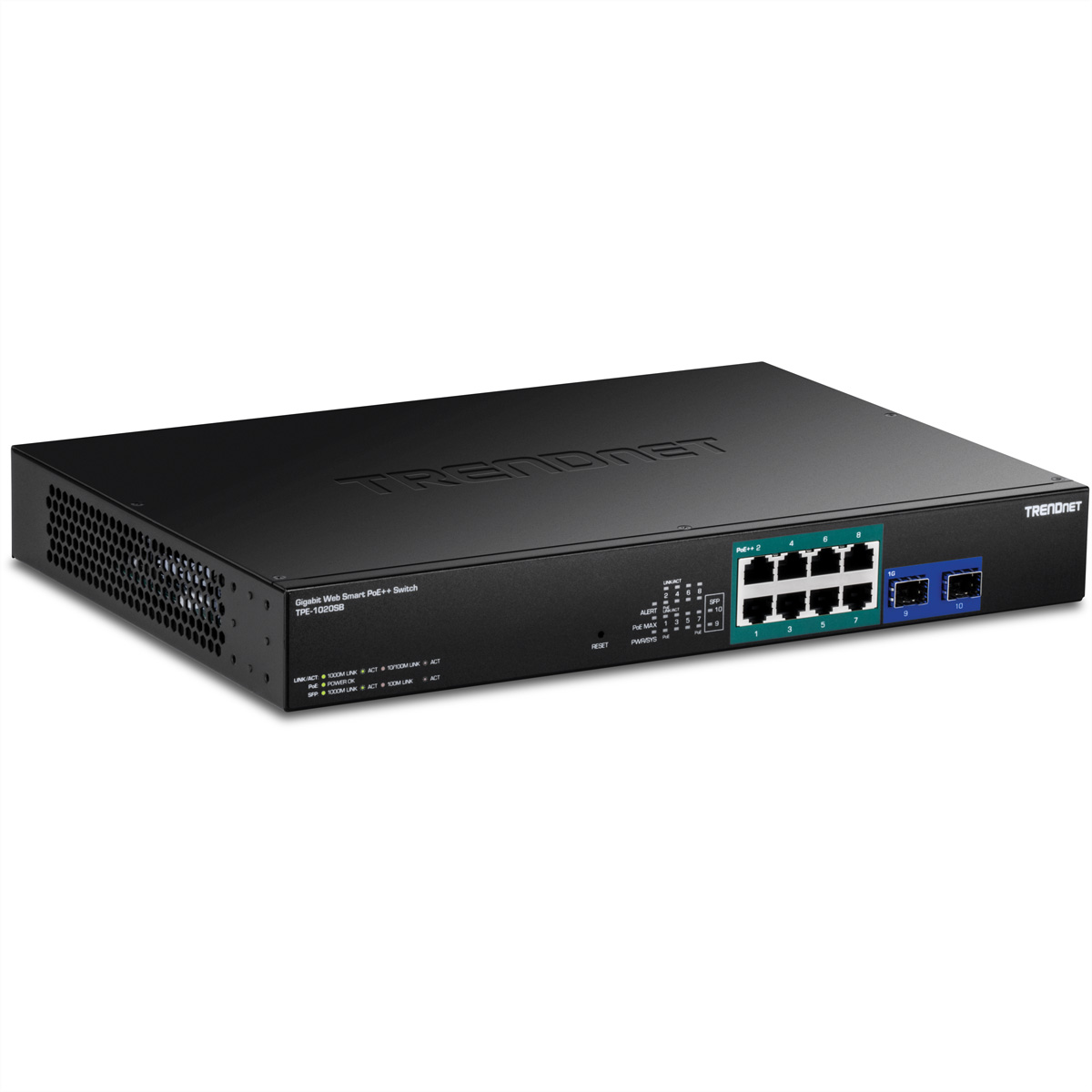 TRENDnet TPE-1020SB - Version v1.0R - Switch - Smart - 8 x Gigabit Ethernet + 2 x Gigabit SFP - an Rack montierbar - PoE++ (180 W)