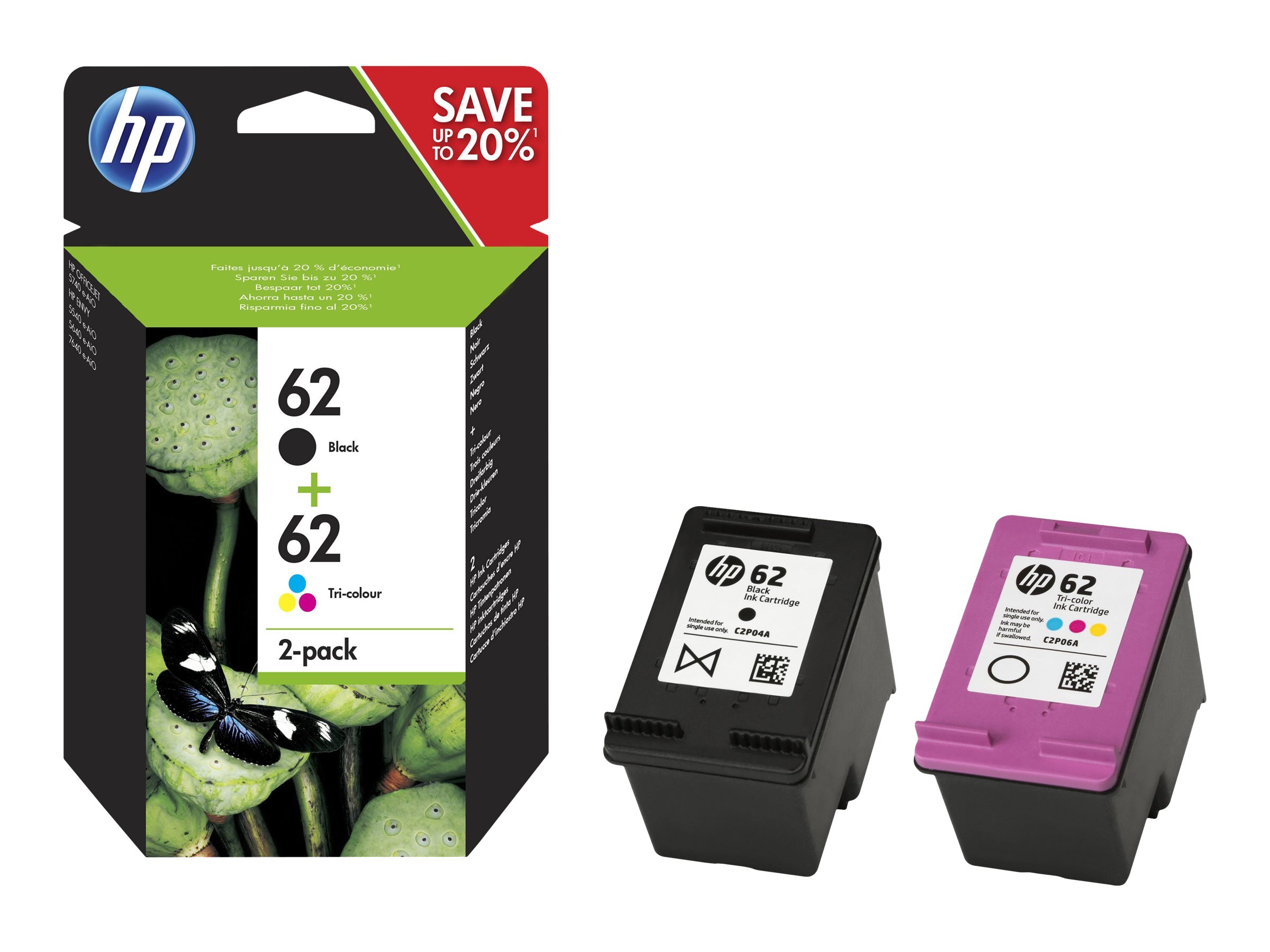 HP 62 - 2er-Pack - pigmentiertes Schwarz, Farbe (Cyan, Magenta, Gelb)