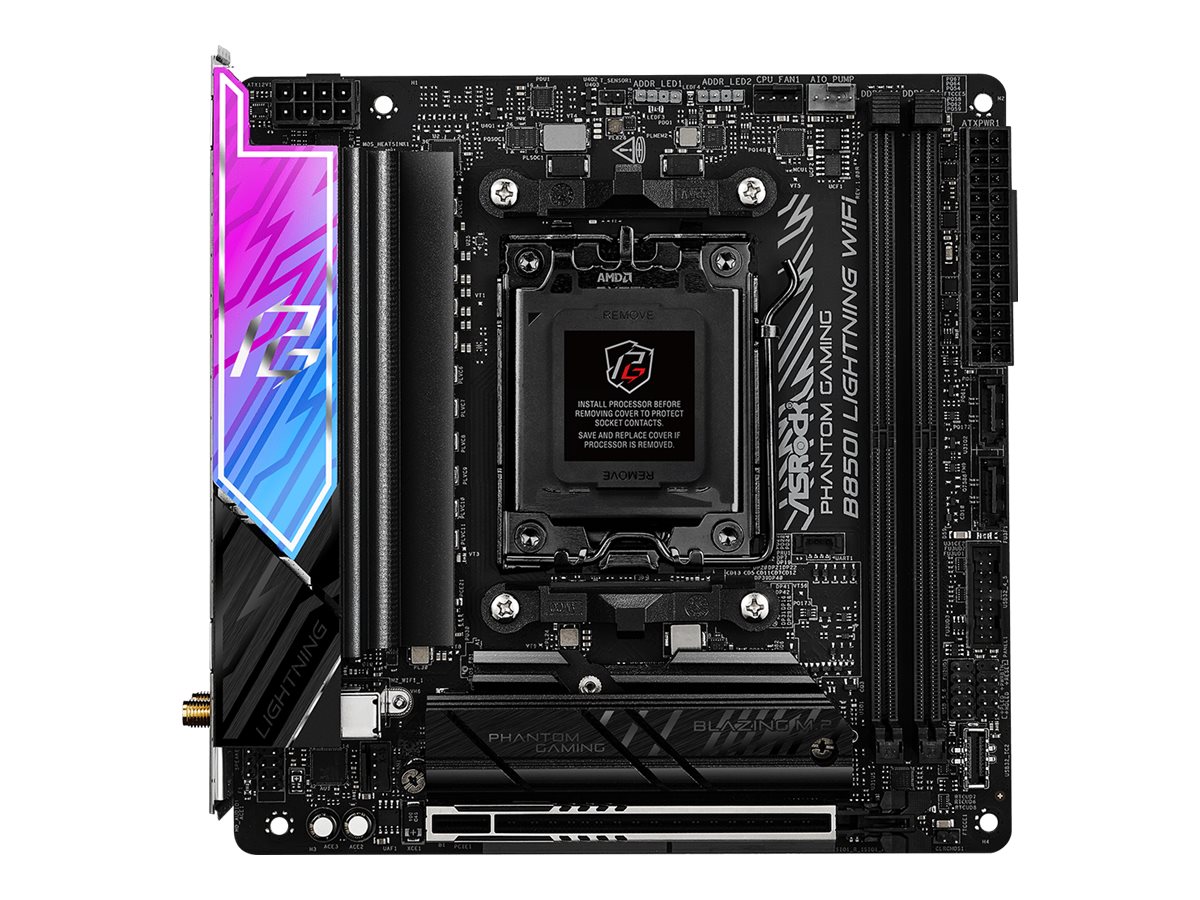 ASRock Phantom Gaming B850I LIGHTNING WIFI - Motherboard - Mini-ITX - Socket AM5 - AMD B850 Chipsatz - USB-C 3.2 Gen2, USB-C 3.2 Gen 1, USB 3.2 Gen 2, USB 3.2 Gen 1 - Wi-Fi 6E, Bluetooth, 2.5 Gigabit LAN - Onboard-Grafik (CPU erforderlich)