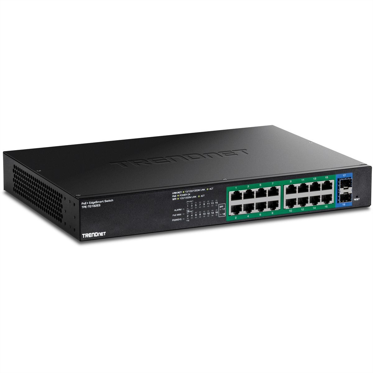 TRENDnet TPE-TG182ES - Version v1.0R - Switch - EdgeSmart - Smart - 16 x Gigabit Ethernet + 2 x Gigabit SFP - an Rack montierbar - PoE+ (240 W)