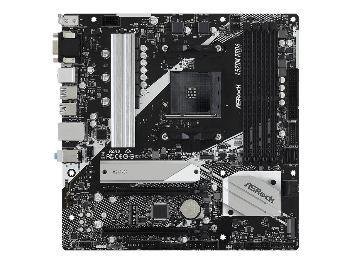 ASRock A520M Pro4 - Motherboard - micro ATX - Socket AM4 - AMD A520 Chipsatz - USB 3.2 Gen 1, USB-C Gen1 - Gigabit LAN - Onboard-Grafik (CPU erforderlich)