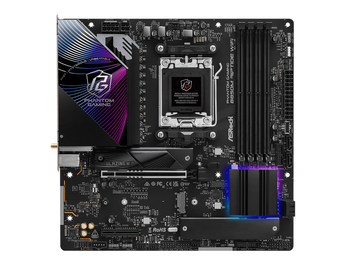 ASRock Phantom Gaming B850M RIPTIDE WIFI - Motherboard - micro ATX - Socket AM5 - AMD B850 Chipsatz - USB 3.2 Gen 2 USB-C 3.2 Gen2 USB 3.2 Gen 1 - 2.5 Gigabit LAN Wi-Fi 7 Bluetooth - Onboard-Grafik (CPU erforderlich)