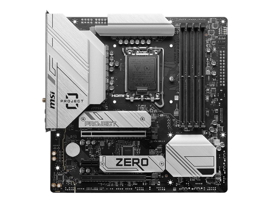 MSI B760M PROJECT ZERO - Motherboard - micro ATX - LGA1700 Sockel - B760 Chipsatz - USB 3.2 Gen 1, USB 3.2 Gen 2, USB-C 3.2 Gen2, USB-C 3.2 Gen 2x2 - 2.5 Gigabit LAN, Wi-Fi 6E, Bluetooth - Onboard-Grafik (CPU erforderlich)
