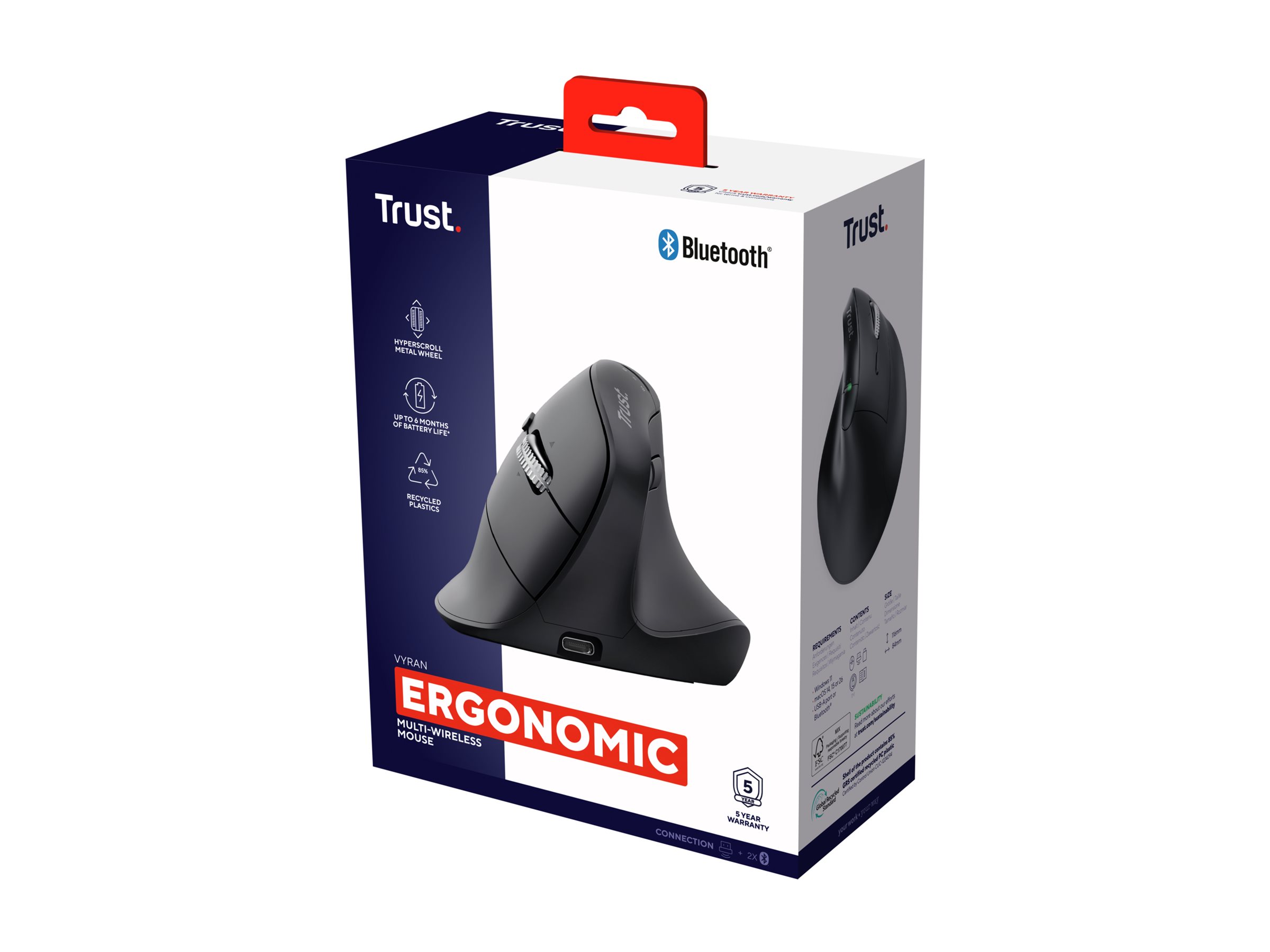 Trust Vyran - Vertikale Maus - ergonomisch - Für Rechtshänder - optisch - 8 Tasten - kabellos - 2.4 GHz, Bluetooth - kabelloser Empfänger (USB)